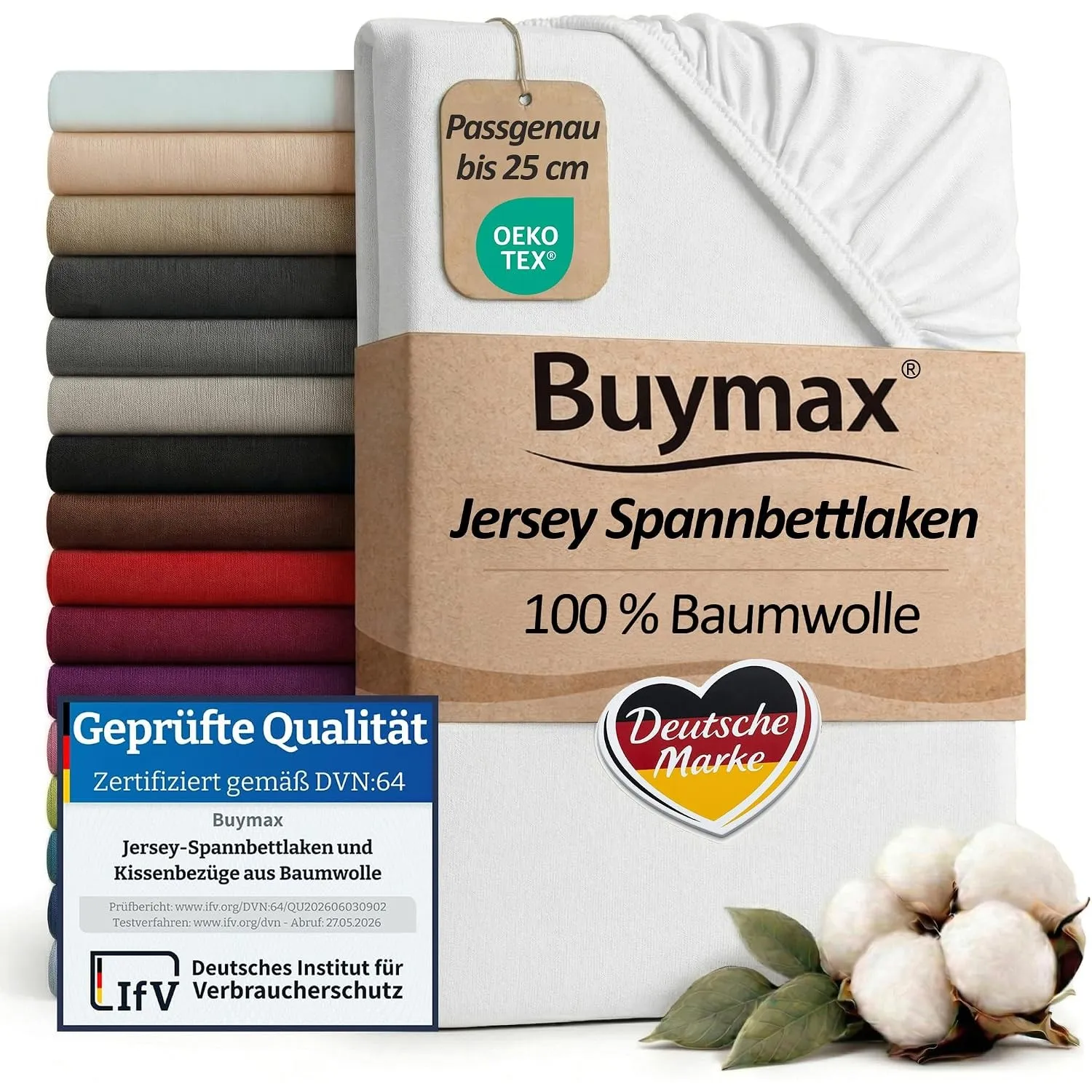 Buymax Spannbettlaken 200x200cm Baumwolle 100% Spannbetttuch Bettlaken Jersey, Matratzenhöhe bis 25 cm, Farbe Weiß