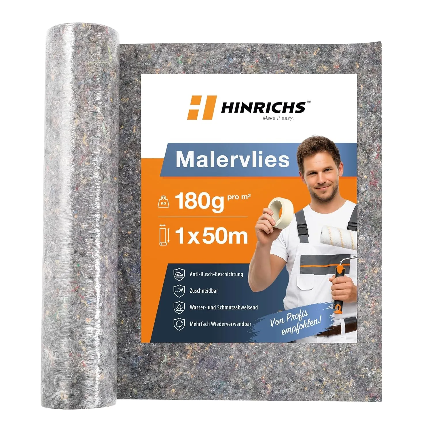 Hinrichs Malervlies 50m x 1m Rolle 180g/m² - Maler-Abdeckvlies mit Anti-Rutsch Beschichtung - Abdeckfliesse für Boden -…