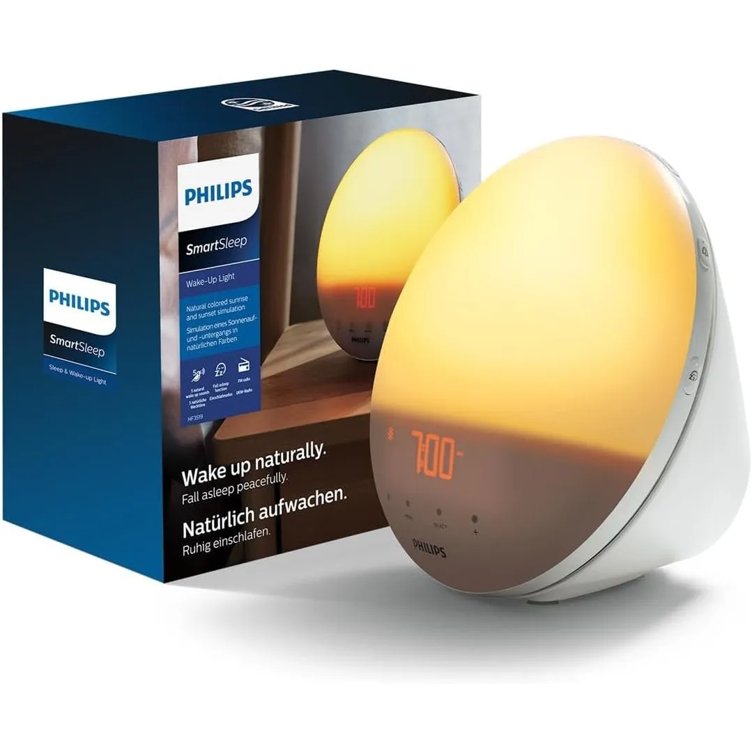 Philips Wake-up Light, farbige Sonnenaufgangssimulation, 20 Lichtstärken, 7 natürliche Klänge, Mitternachtslicht (Model…