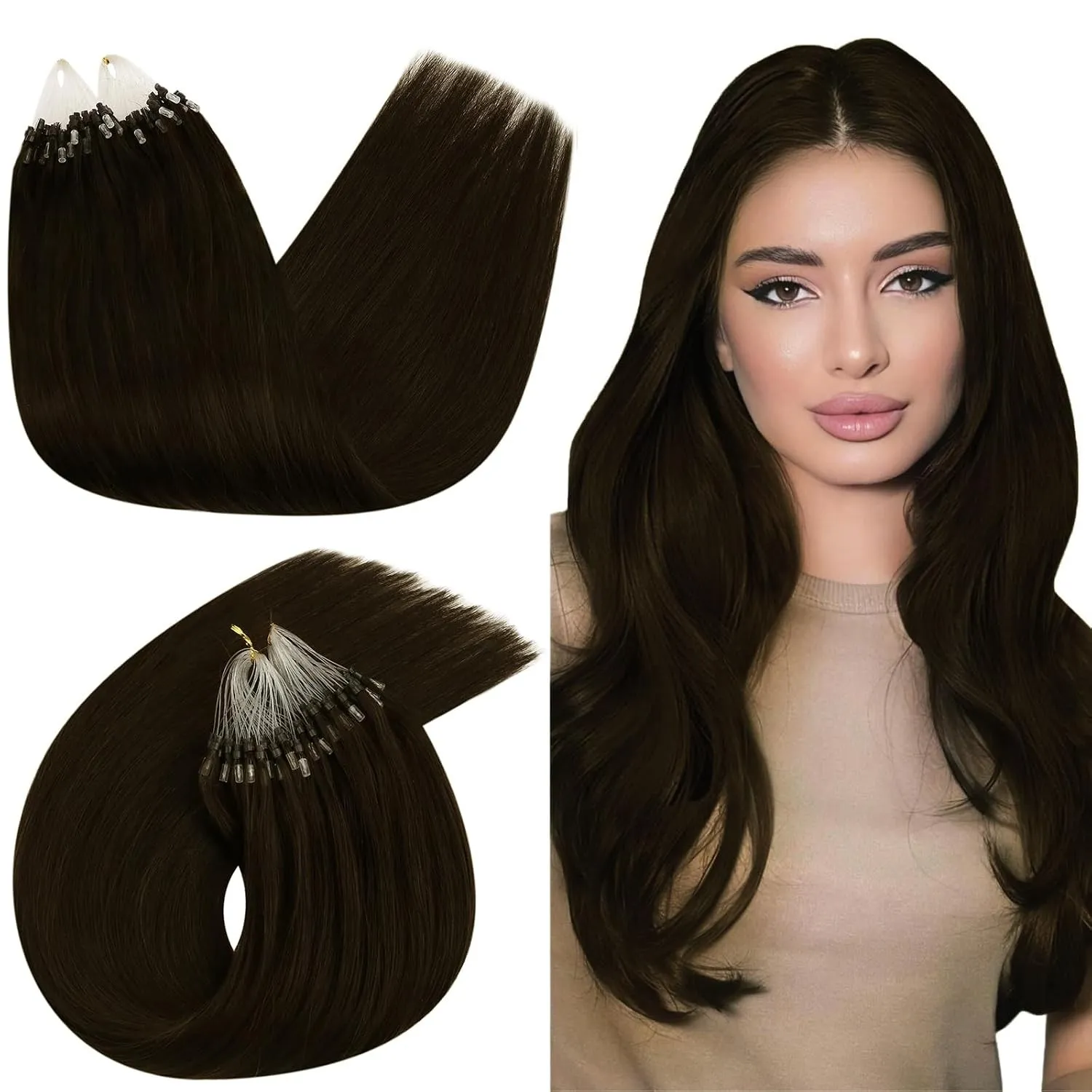 Ugeat Extensions Echthaar Microring Braun Lange Haare 60 cm 50G 50S #4