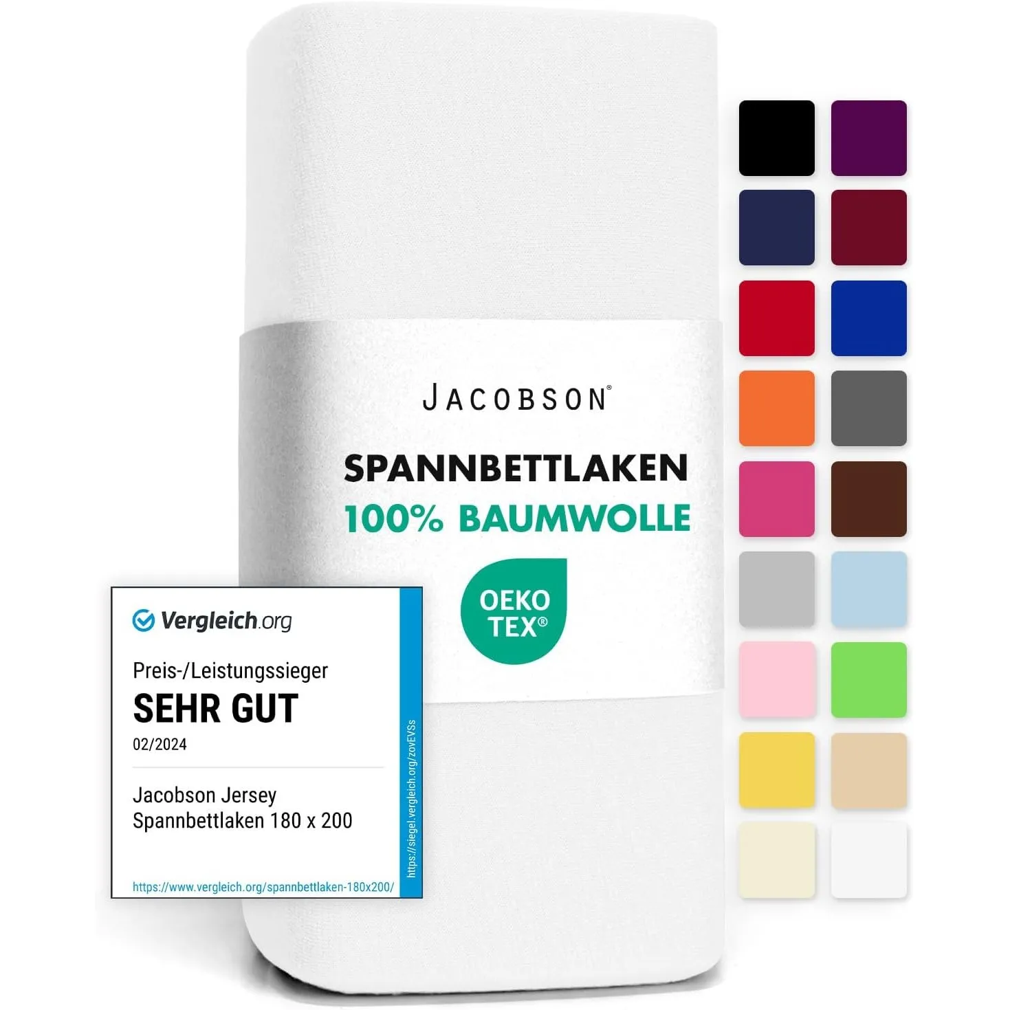 Jacobson Jersey Spannbettlaken Spannbetttuch Baumwolle Bettlaken (120x200-130x200 cm, Weiss)