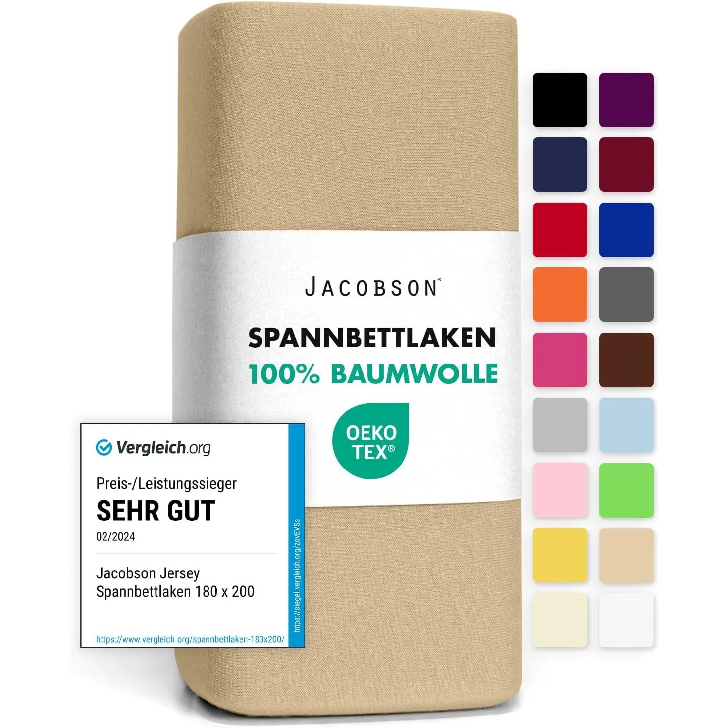 Jacobson Jersey Spannbettlaken Spannbetttuch Baumwolle Bettlaken (90x200-100x200 cm, Beige)