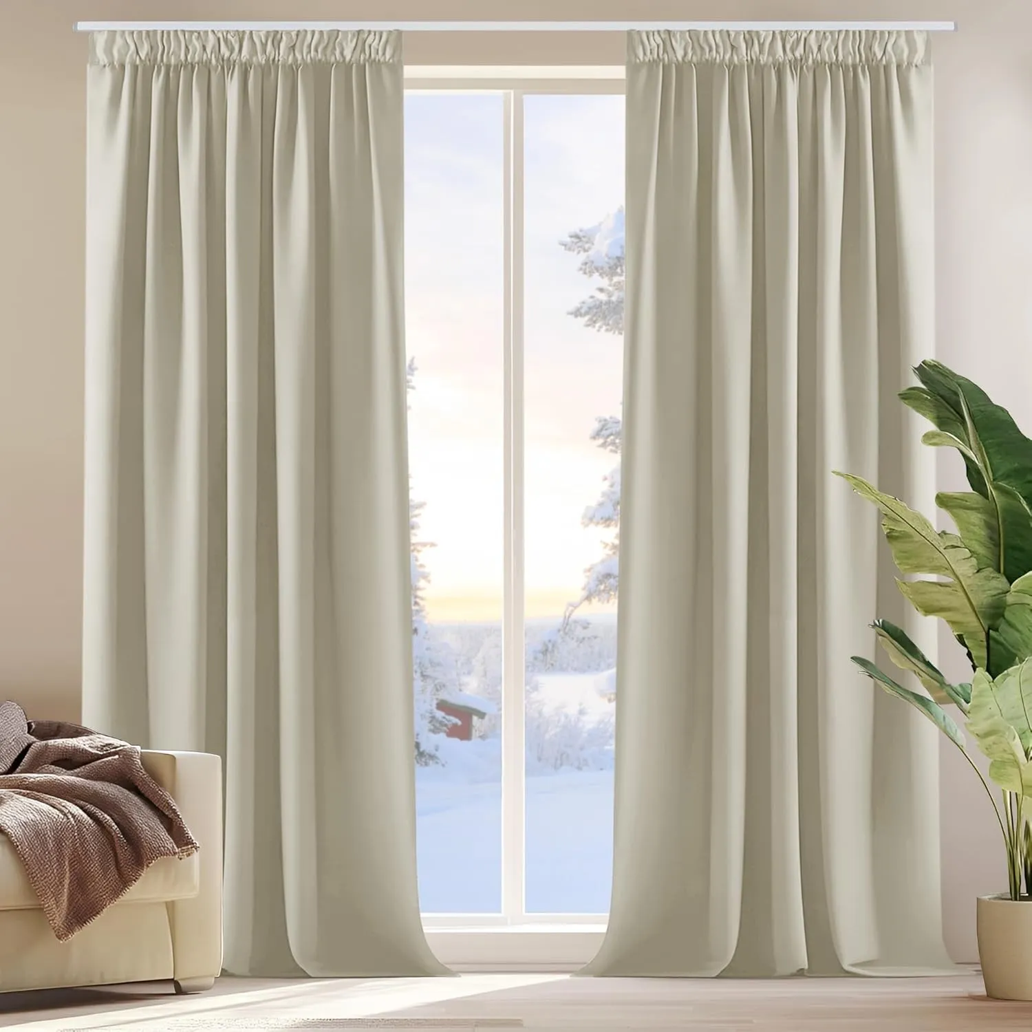 Deconovo Verdunklungsvorhänge mit Kräuselband Blickdicht Übergardinen Creme | 2er Set, H 175 x B 140 cm, Gardinen für S…