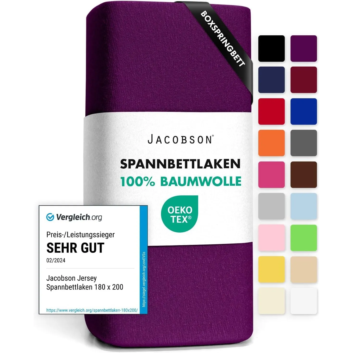 Jacobson Jersey Spannbettlaken Spannbetttuch Baumwolle Bettlaken (180x200-200x220 cm, Royal Lila)