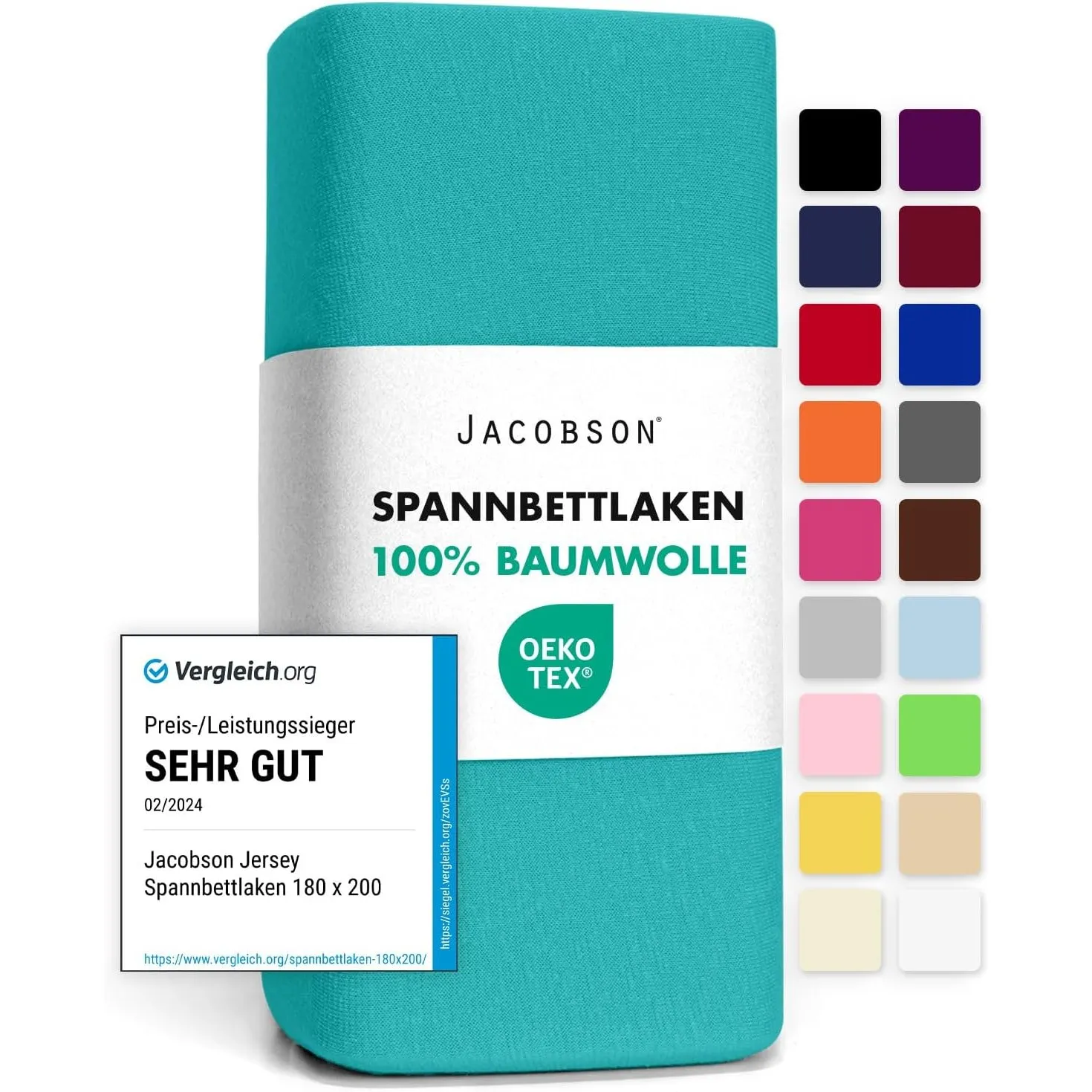 Jacobson Jersey Spannbettlaken Spannbetttuch Baumwolle Bettlaken (180x200-200x200 cm, Türkis)