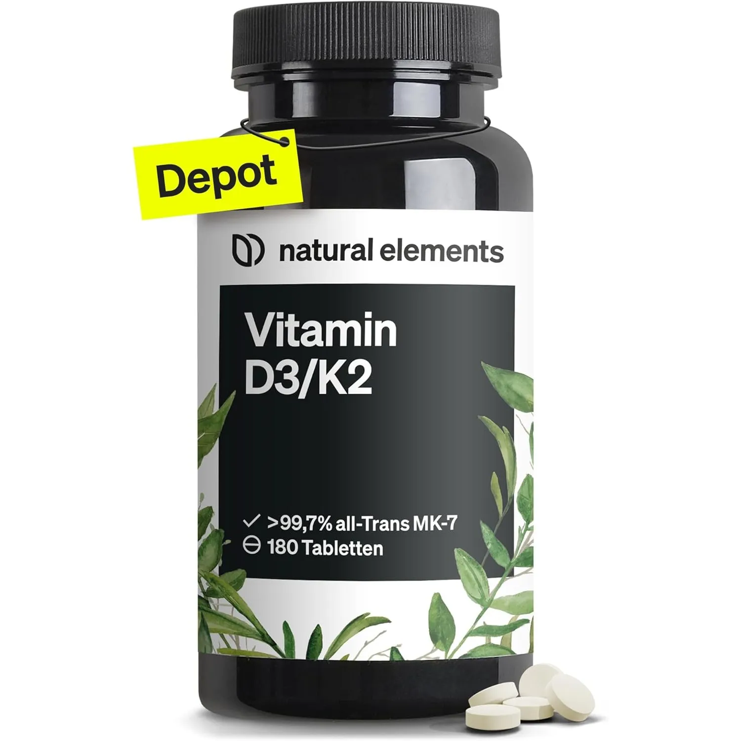 natural elements Vitamin D3 + K2 Depot – 180 Tabletten – Premium-Qualität: K2VITAL® von Kappa – 99,7+% All-Trans K2-MK7…