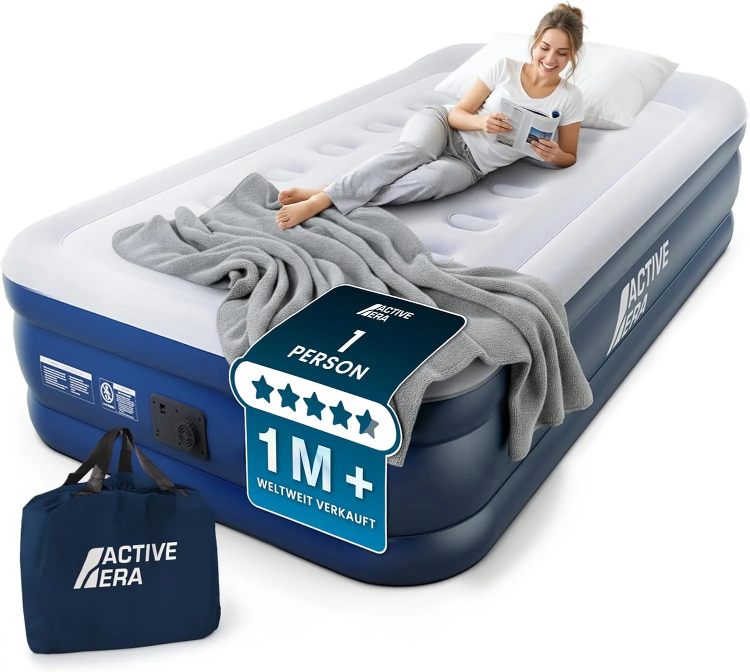 Active Era Premium Air Bed Single Bed: 99 x 187 x 46 cm – with Built-in Electric Pump and Integrated Pillow