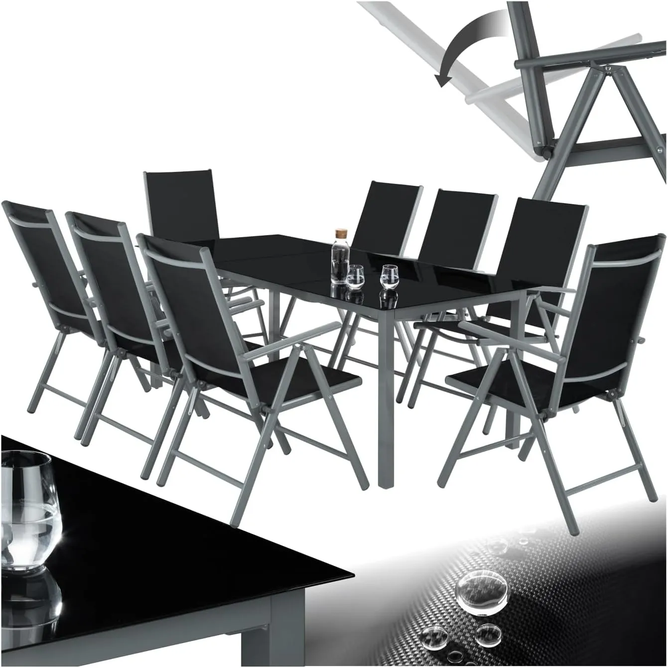 tectake® Aluminium Sitzgruppe 8+1, Gartenmöbel Set mit Stuhl und Tisch, klappbare Gartenstühle, Gartentisch mit Sicherh…