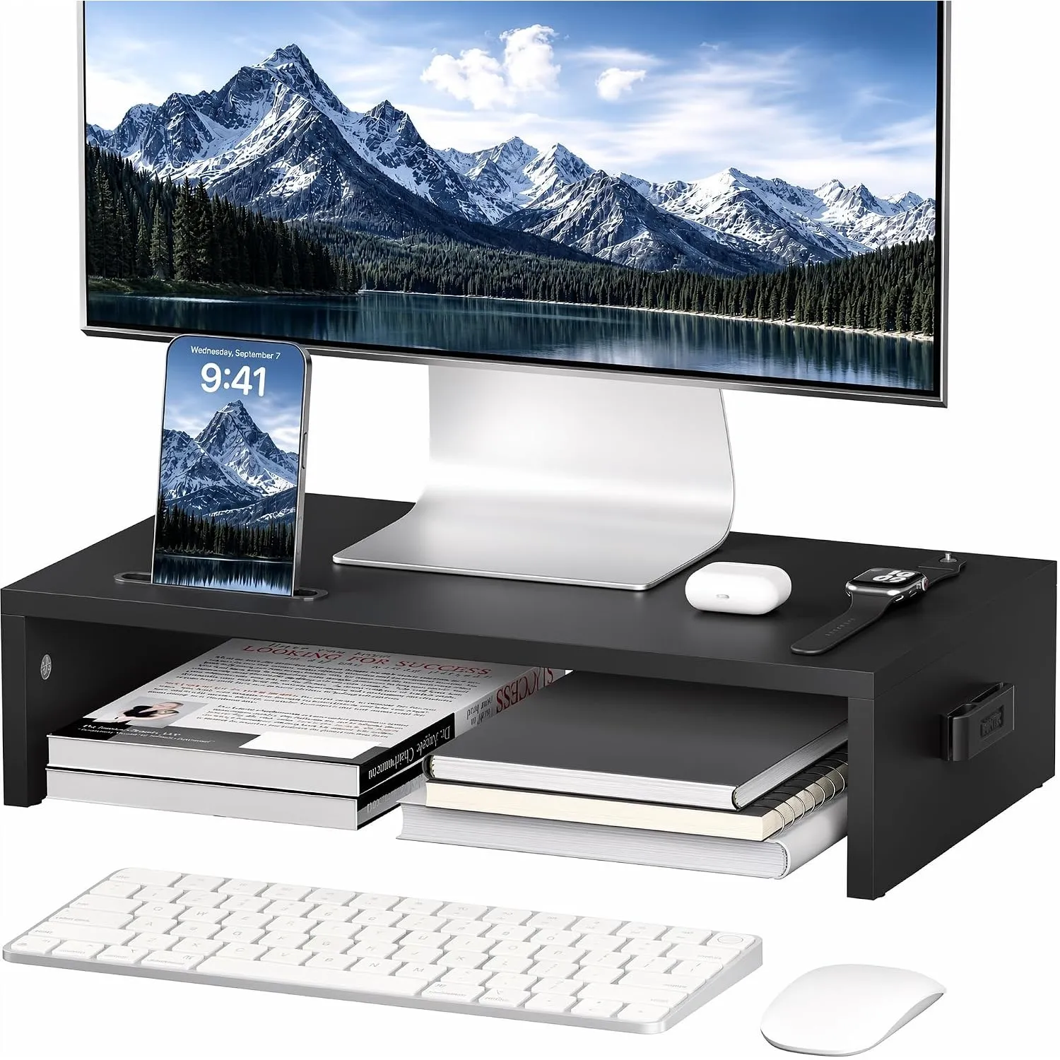 BONTEC Monitorständer 42 cm mit Handyhalter für Laptop und Drucker, Schwarz