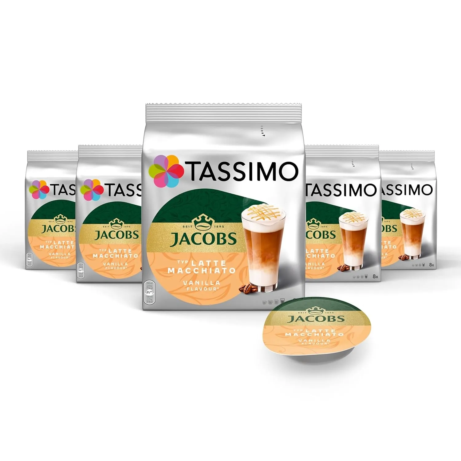 Tassimo Kapseln Jacobs Typ Latte Macchiato Vanilla, 5 x 8 Pads, 40 Kaffeekapseln
