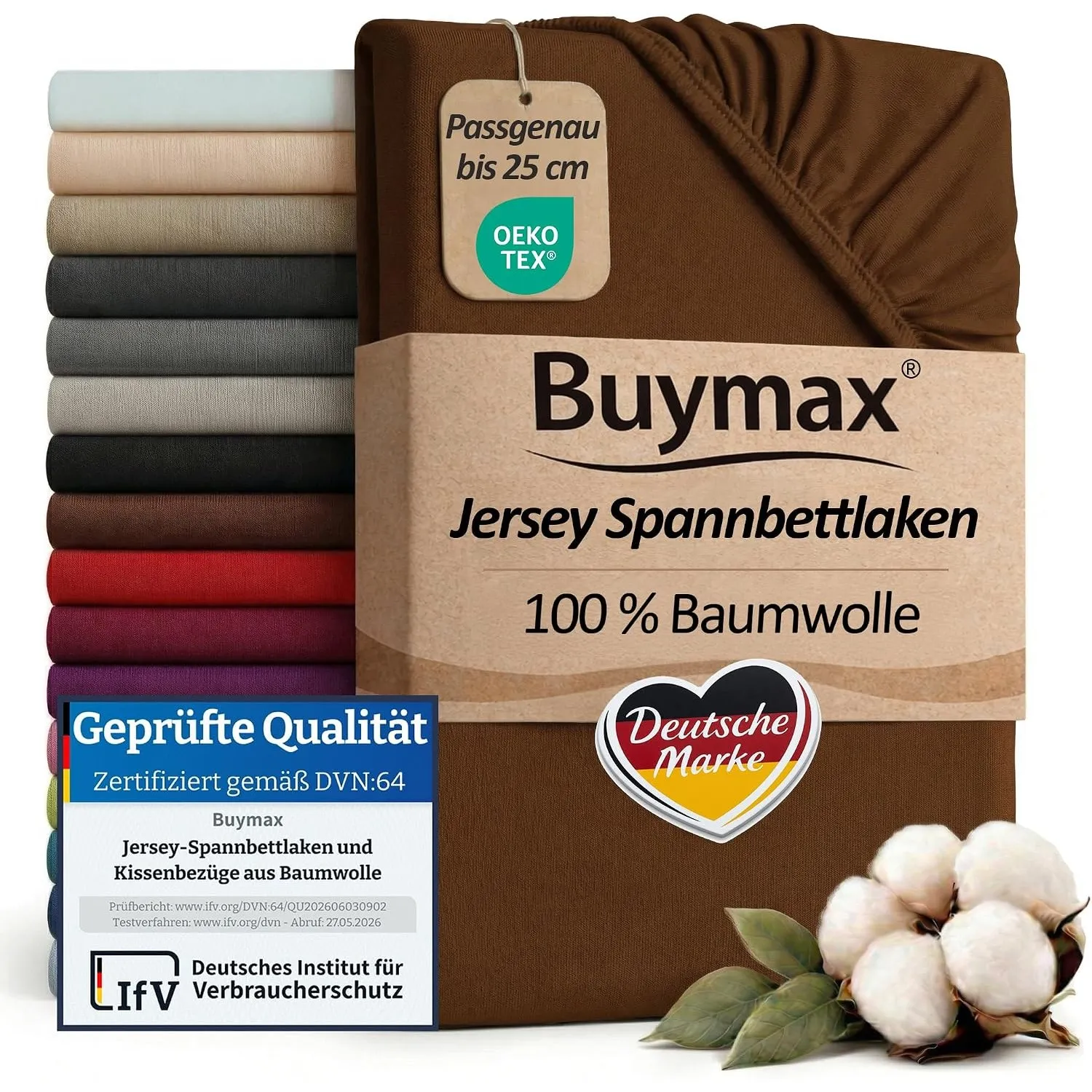 Buymax Spannbettlaken 160x200cm Baumwolle 100% Spannbetttuch Bettlaken Jersey, Matratzenhöhe bis 25 cm, Farbe Schokobra…