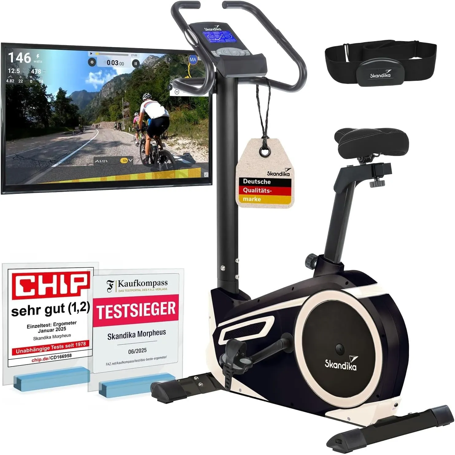 Skandika Ergometer Morpheus | Heimtrainer für Zuhause, 12 kg Schwungmassensystem, 32 Levels, 24 Programme, App Kompatib…