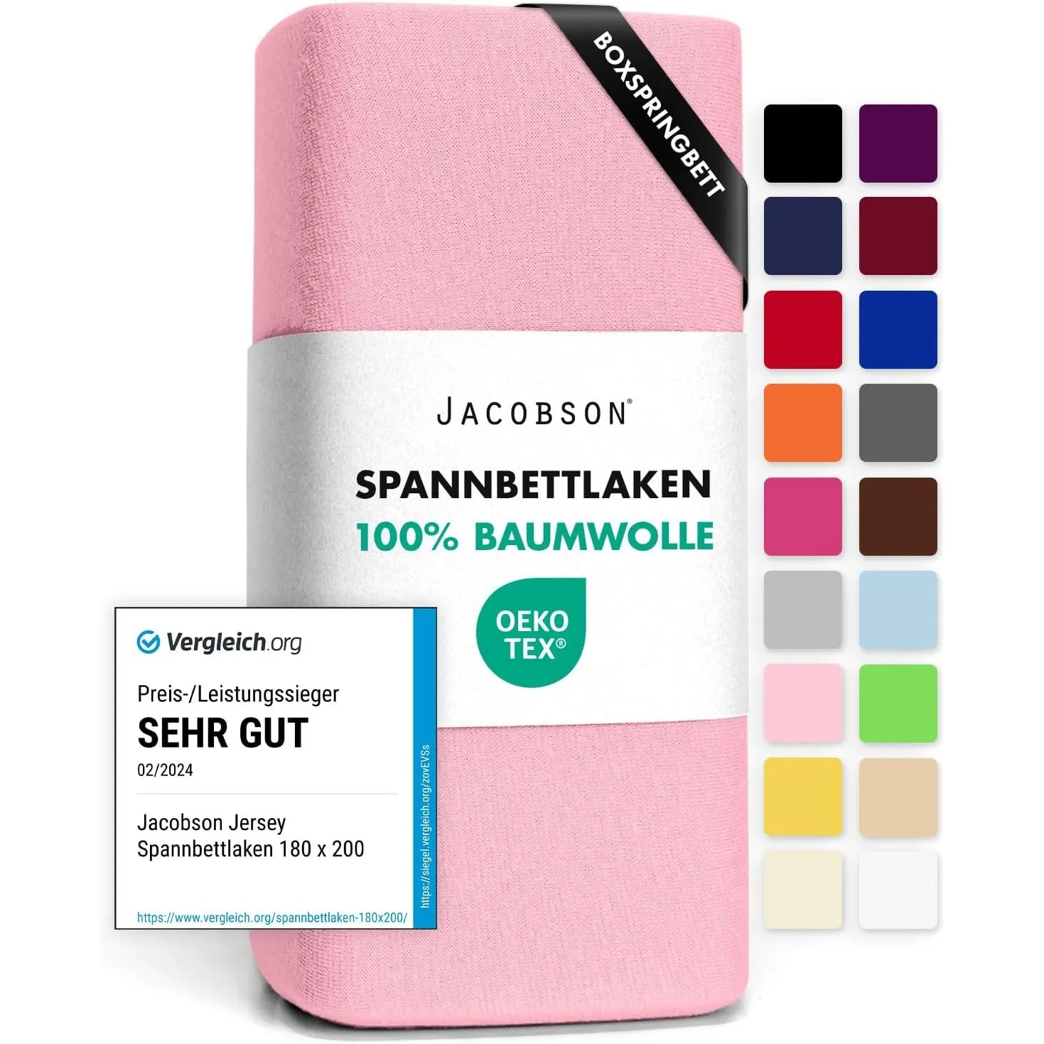 Jacobson Jersey Spannbettlaken Spannbetttuch Baumwolle Bettlaken (180x200-200x220 cm, Rosa)