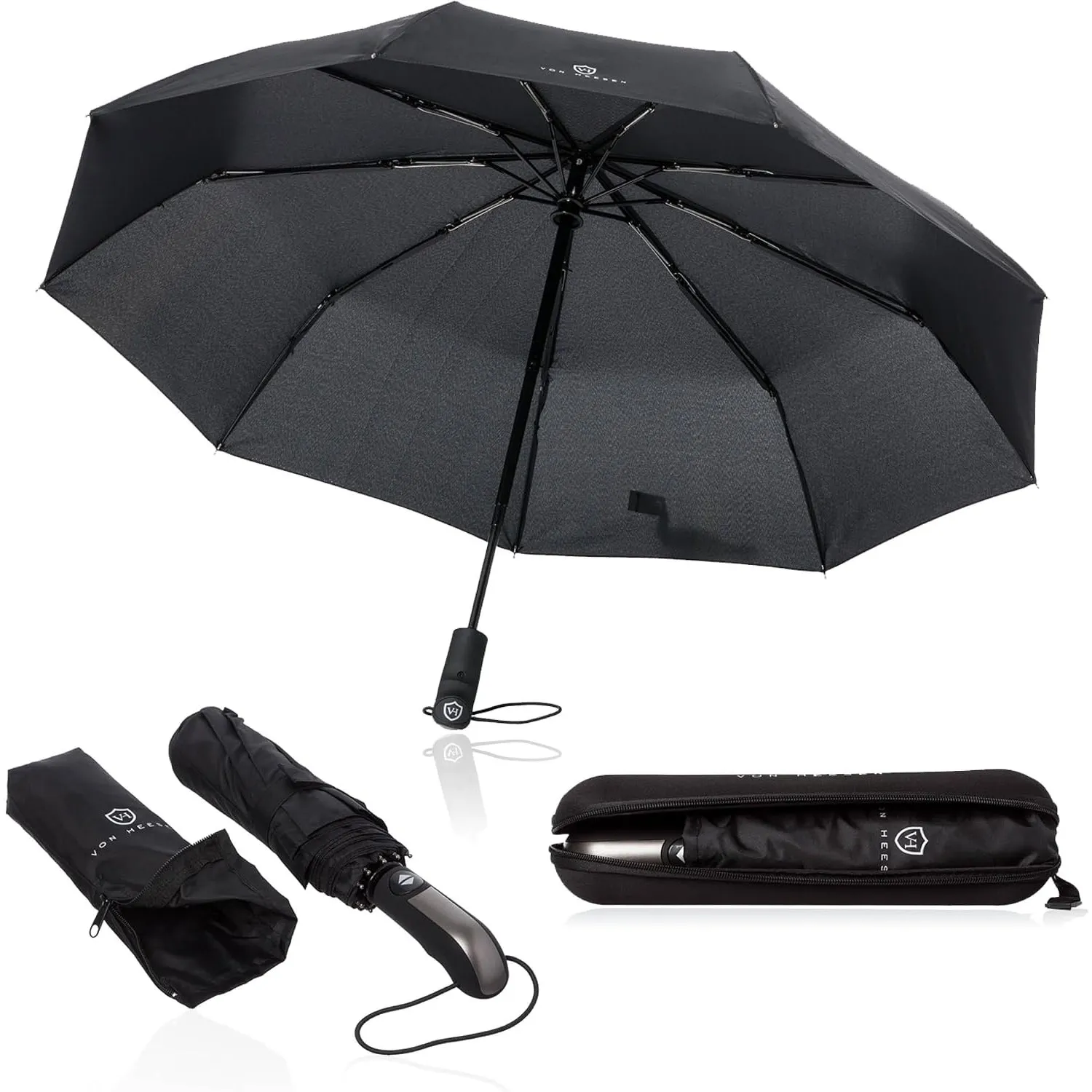 VON HEESEN Regenschirm sturmfest bis 140 km/h - inkl. Schirm-Tasche & Reise-Etui - Taschenschirm mit Auf-Zu-Automatik, …