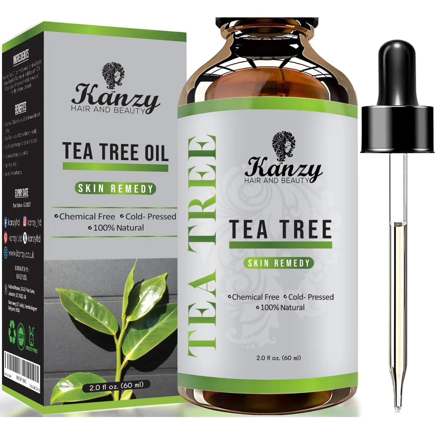 Kanzy Teebaumöl Naturrein 60ml mit Pipette Kaltgepresst Tea Tree Oil für Körper, Gesicht, Haut, und Nagel Anti Pickel, …