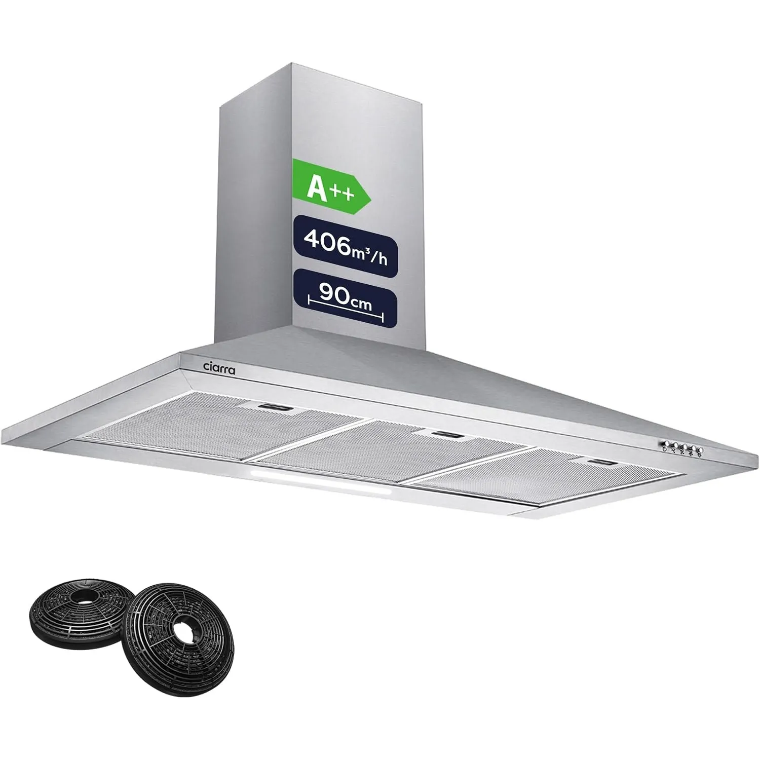 CIARRA CBCS9201 Dunstabzugshaube 90 cm 406 m³/h Pyramide Wandhaube Silber