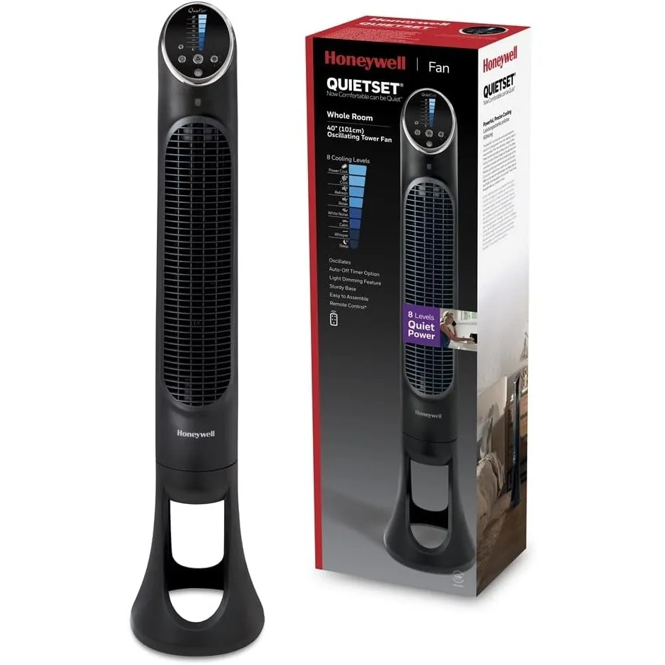Honeywell QuietSet Tower (8 Geschwindigkeitseinstellungen, Oszillation 80°, Timer-Funktion, Fernbedienung, Dimmoptionen…