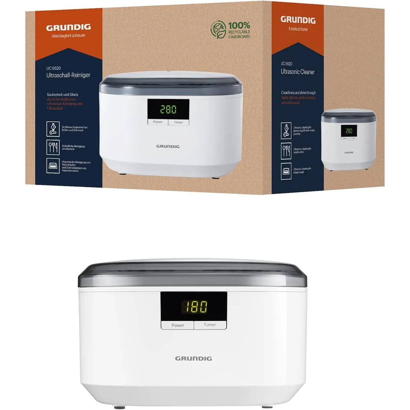 Grundig UC 6620 Ultraschallreiniger mit Timerfunktion, hocheffiziente Reinigung mit Ultraschall, Doppelwellen-Prinzip, …
