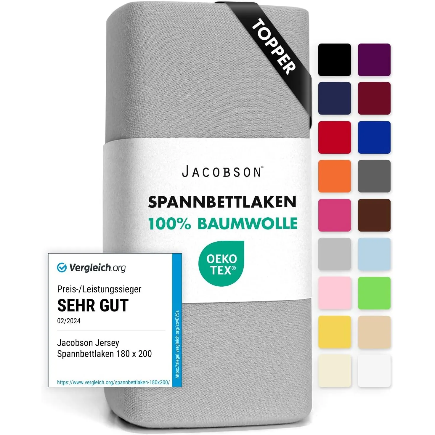 Jacobson Jersey Spannbettlaken Spannbetttuch Baumwolle Bettlaken (Topper 180-200x200 cm, Grau)