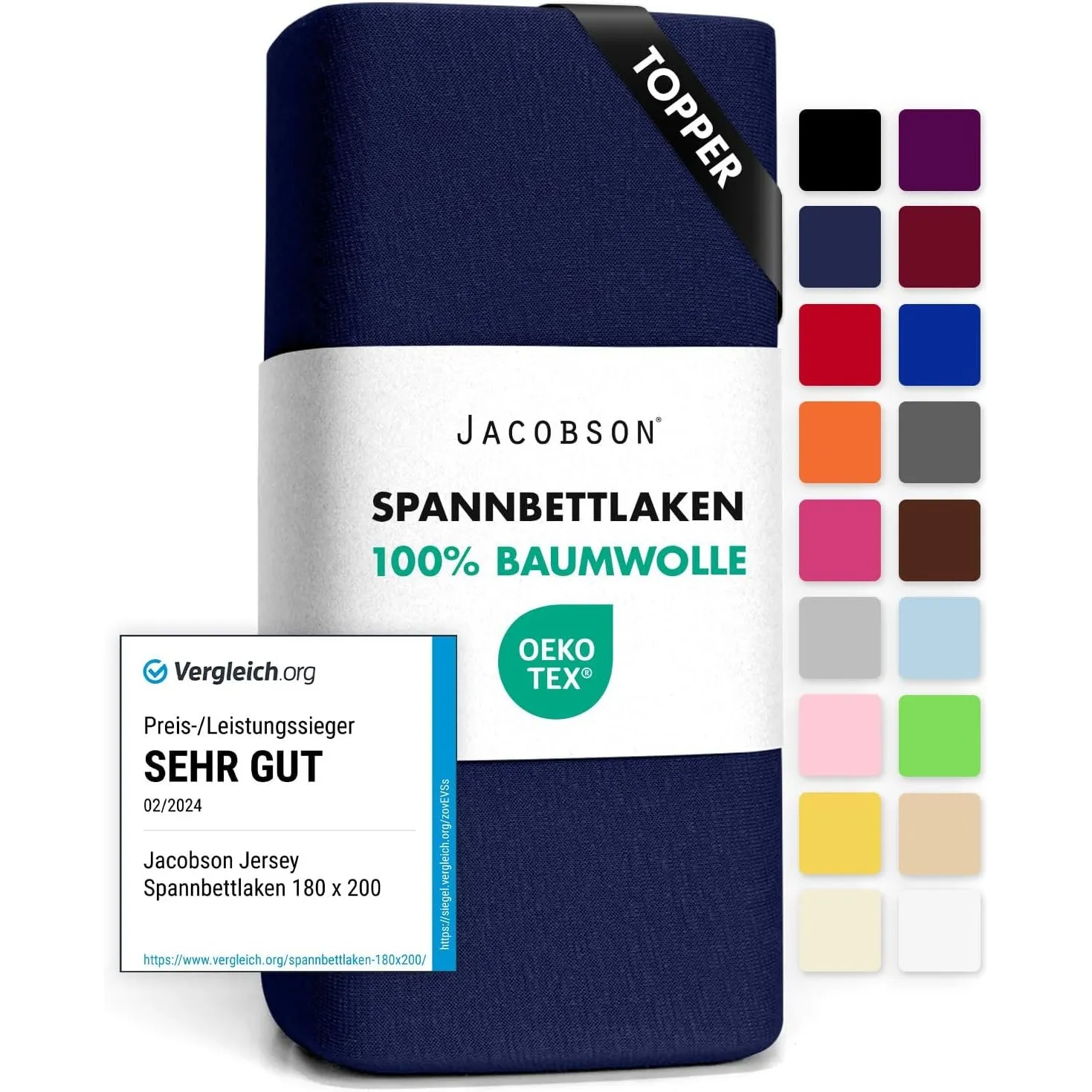 Jacobson Jersey Spannbettlaken Spannbetttuch Baumwolle Bettlaken (Topper 180-200x200 cm, Dunkelblau)
