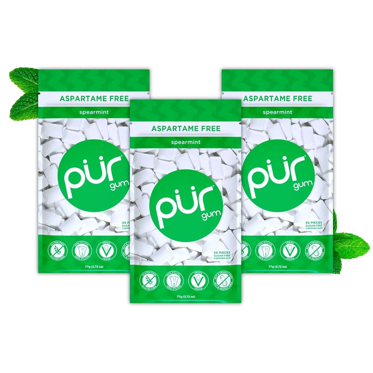 PUR Gum | Zuckerfreier Kaugummi | Mit Xylit | Vegan, Aspartamfrei & Glutenfrei | Natürlicher Kaugummi Mit Spearmint-Ges…