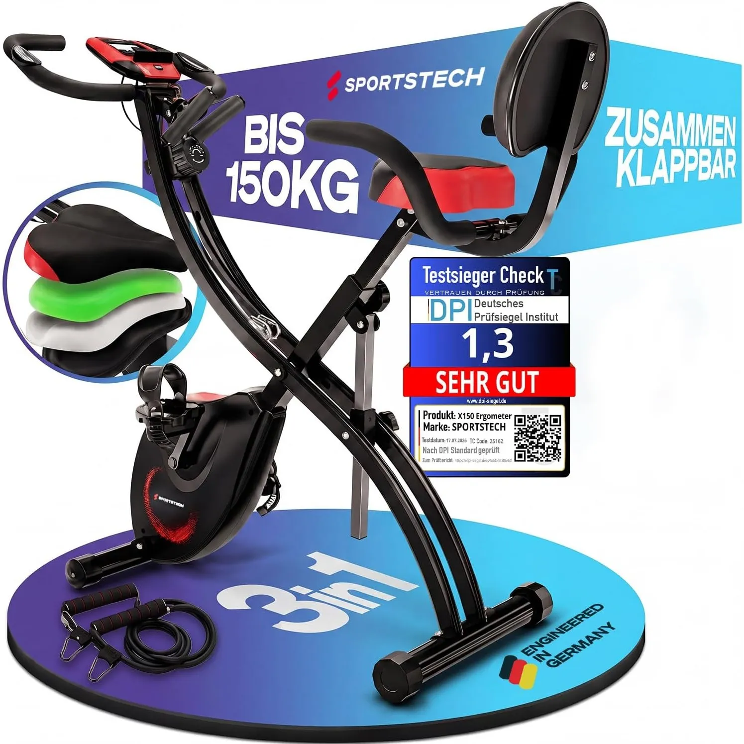 Sportstech Heimtrainer fahrrad Klappbar 3in1, [CurvedX] tiefer Einstieg, bis 150 KG, Ergometer, Hometrainer fahrrad, Er…