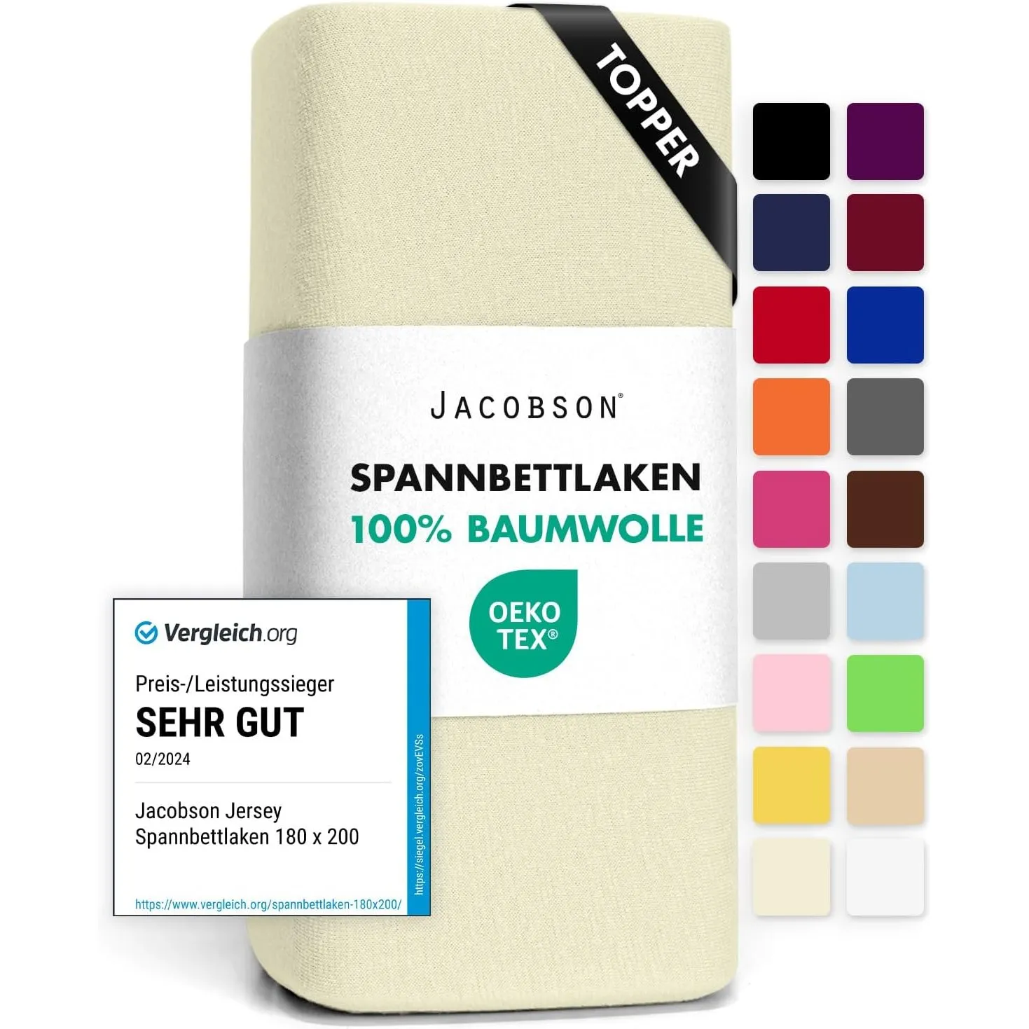 Jacobson Jersey Spannbettlaken Spannbetttuch Baumwolle Bettlaken (Topper 180-200x200 cm, Natur)