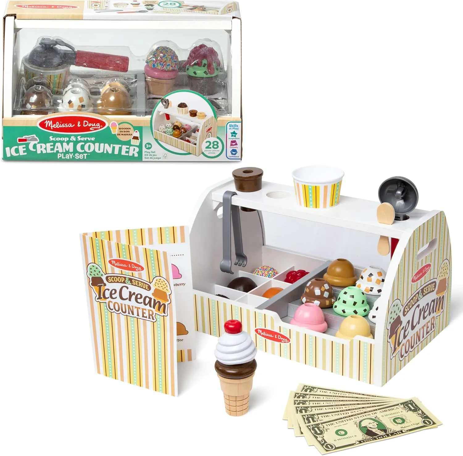 Melissa & Doug - Eisdiele aus Holz, 28-teilig, Für das Eisdielen-Rollenspiel mit 8 Sorten Eiscreme, Eistüten und Eisbec…