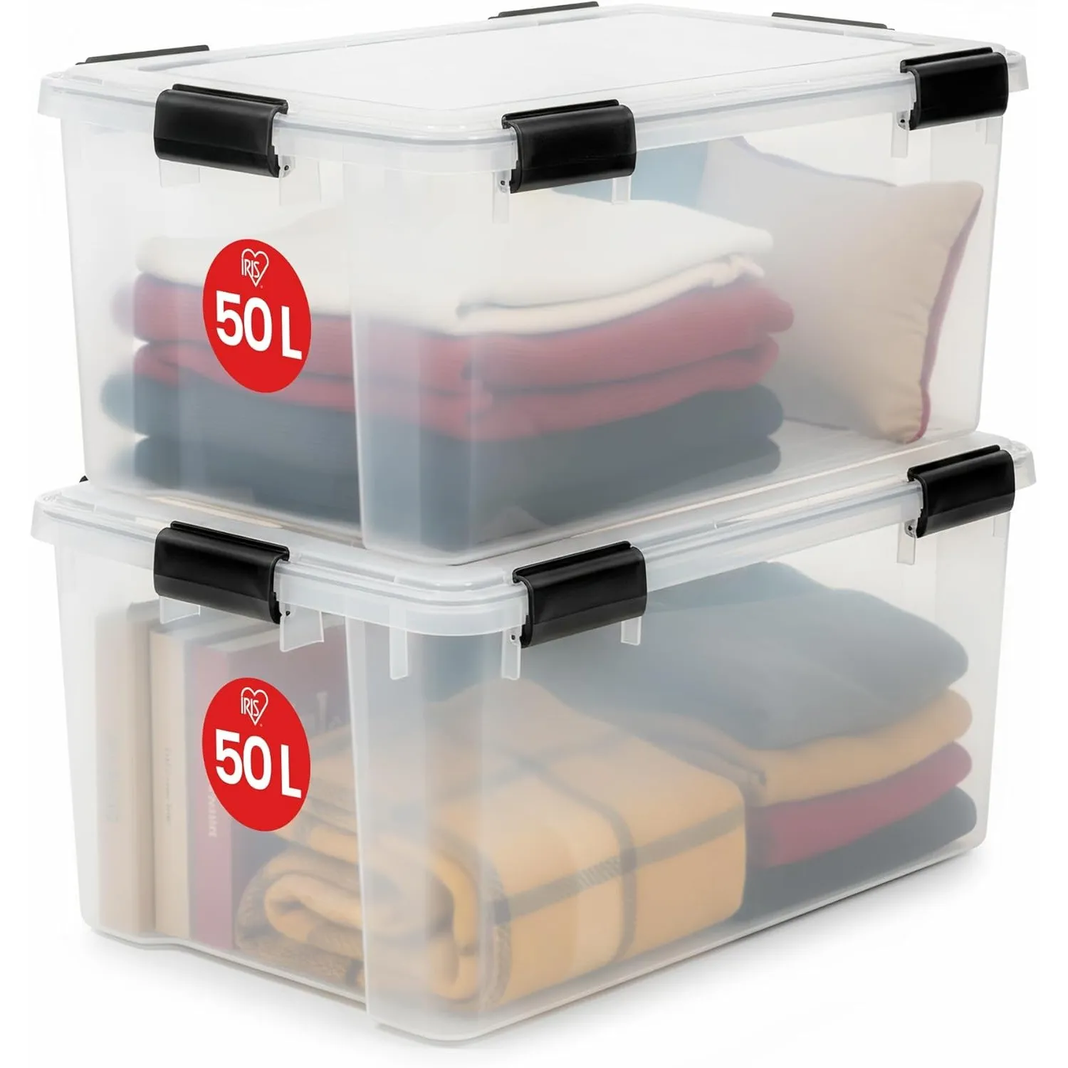 Iris Ohyama Luftdichte Kunststoff-Aufbewahrungsboxen mit Deckel, 50L, 2er-Set, Transparent, Hermetischer wasserdichter …