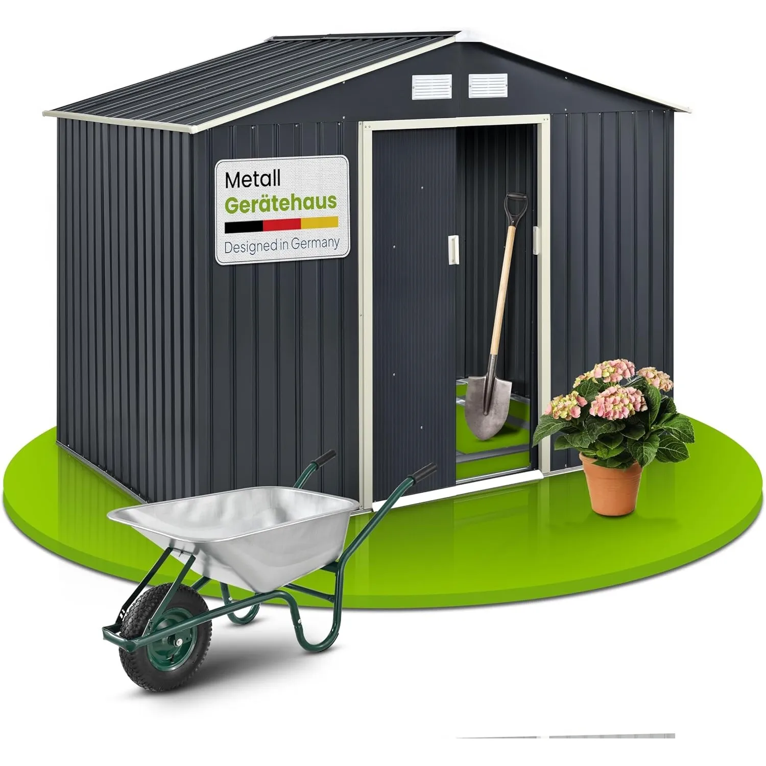 Juskys Metall Gerätehaus XL 9m³ mit Satteldach, Schiebetür & Fundament - 277 x 191 x 192 cm - anthrazit - Geräteschuppe…