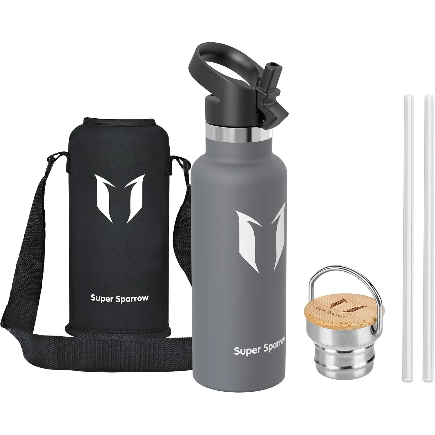 Sparrow Edelstahl Trinkflasche- 0.5L/0.75L/1L- Thermosflasche mit Strohhalm