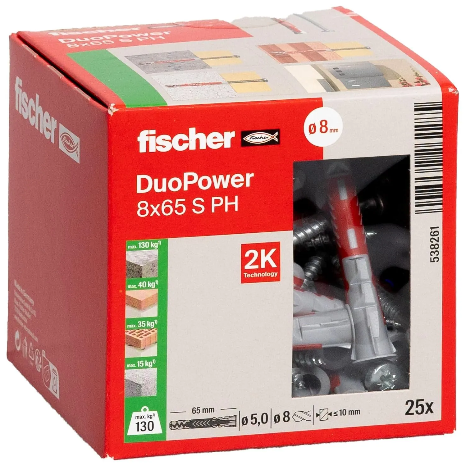 fischer DuoPower 8 x 65 S PH, Universaldübel mit Panheadschraube, 2-Komponenten-Dübel, Kunststoffdübel zur Befestigung …