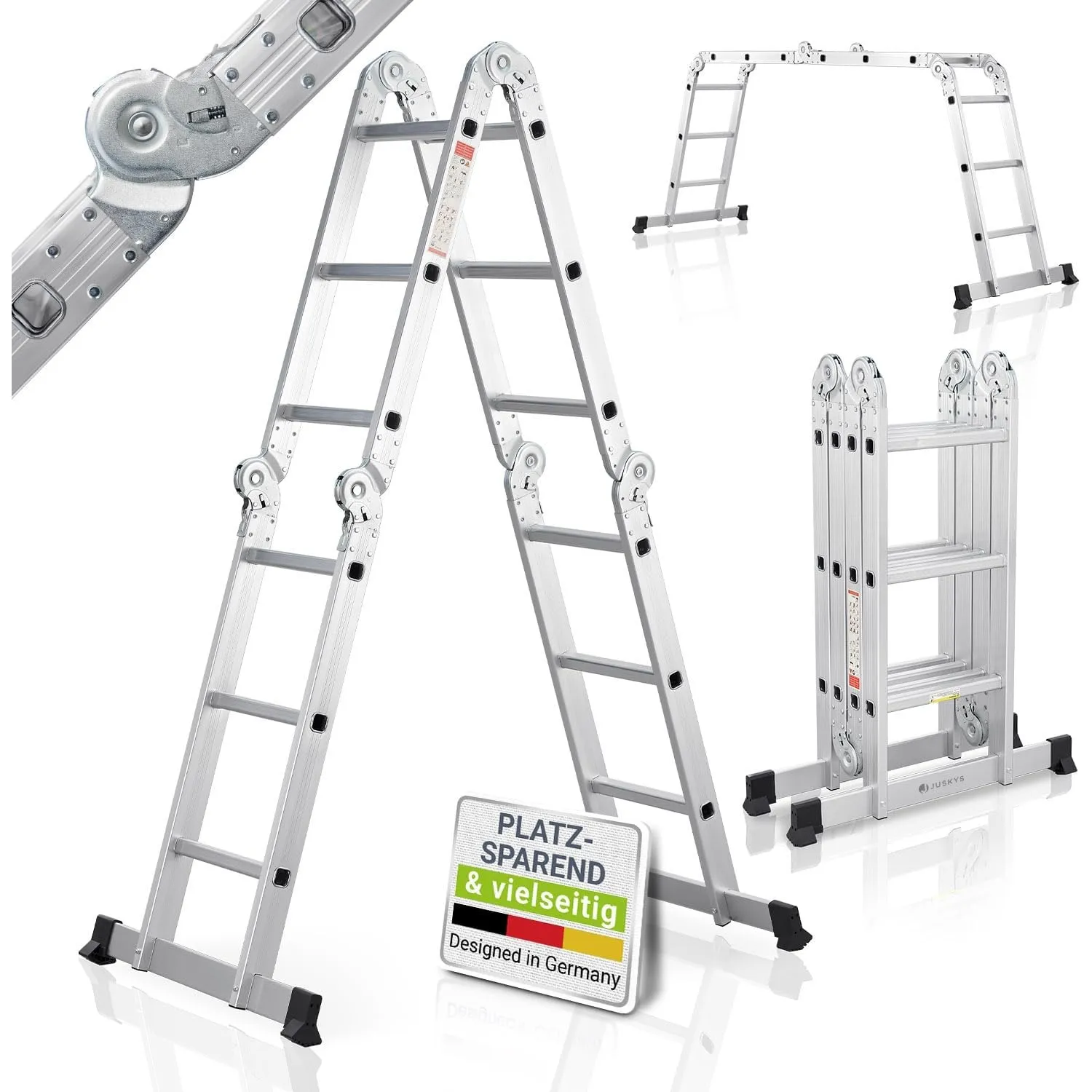 Juskys Leiter Aluminium 3x4 Stufen – Klappleiter 4-teilig bis 150 kg, Multifunktionsleiter 3,6 m mit Gelenken als Stehl…
