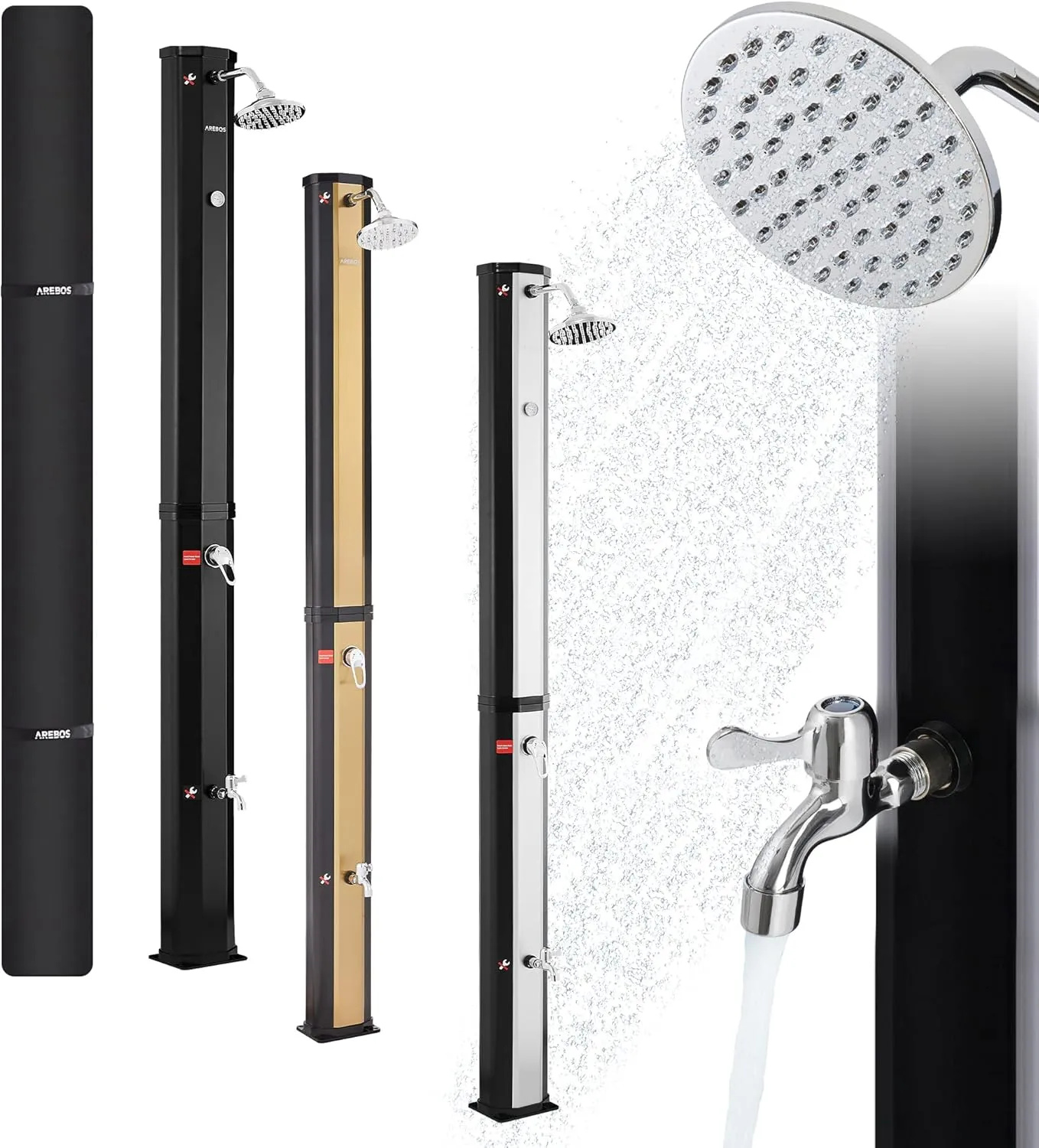 Arebos Solar Shower, 35 Litres, 216 cm, with Integrated Thermometer, Round Shower Head, with Foot Shower, with Garden H…