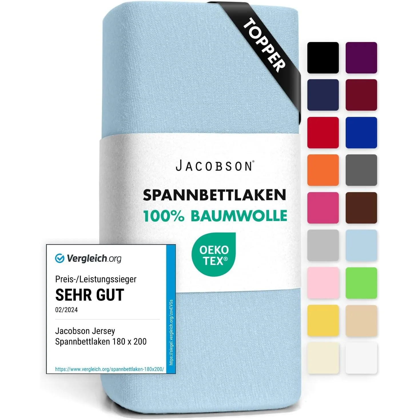 Jacobson Jersey Spannbettlaken Spannbetttuch Baumwolle Bettlaken (Topper 180-200x200 cm, Hellblau)