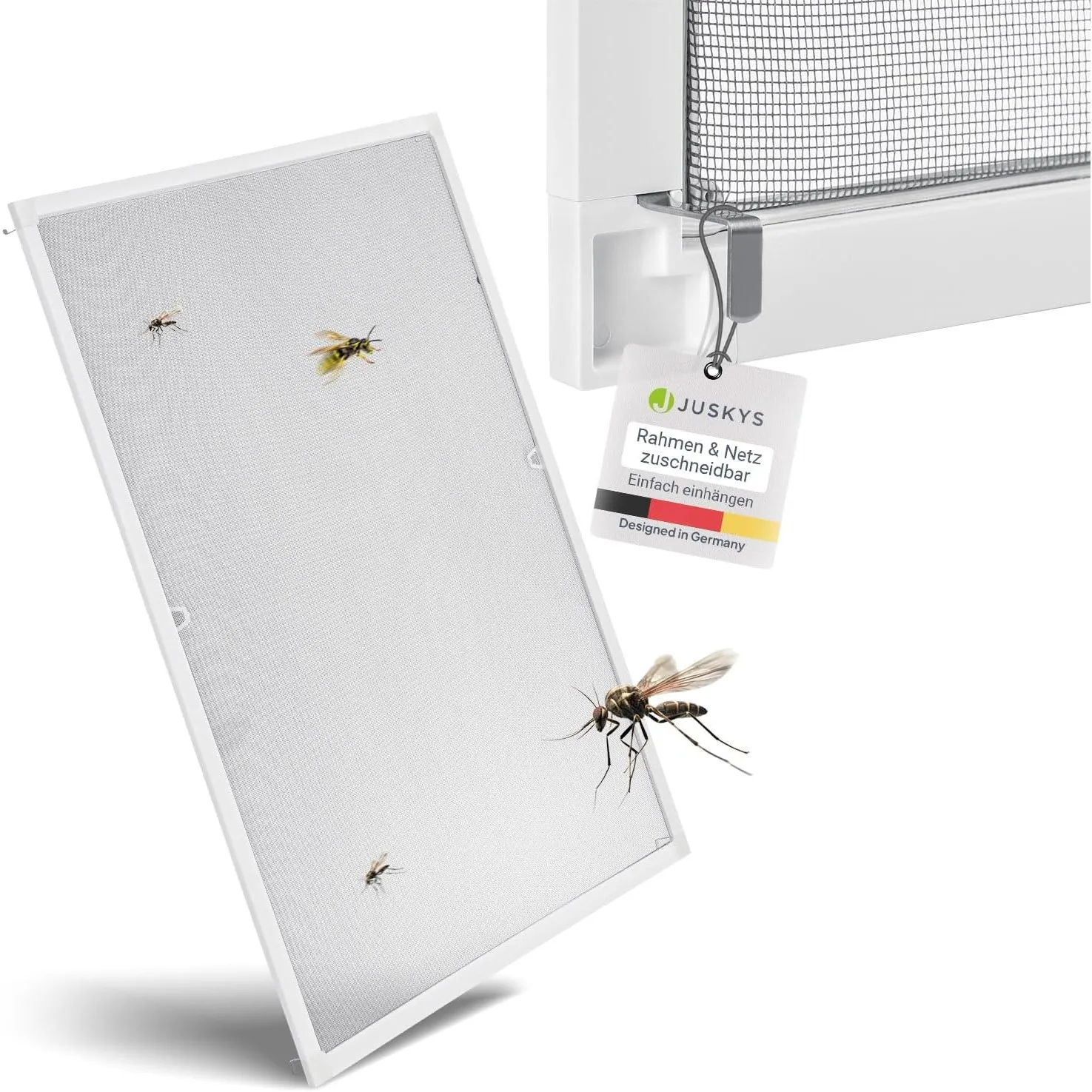 Juskys® Fliegengitter Fenster Alurahmen 100x120 cm (Weiß) – Insektenschutz Spannrahmen ohne Bohren, Einhängen – Mückens…