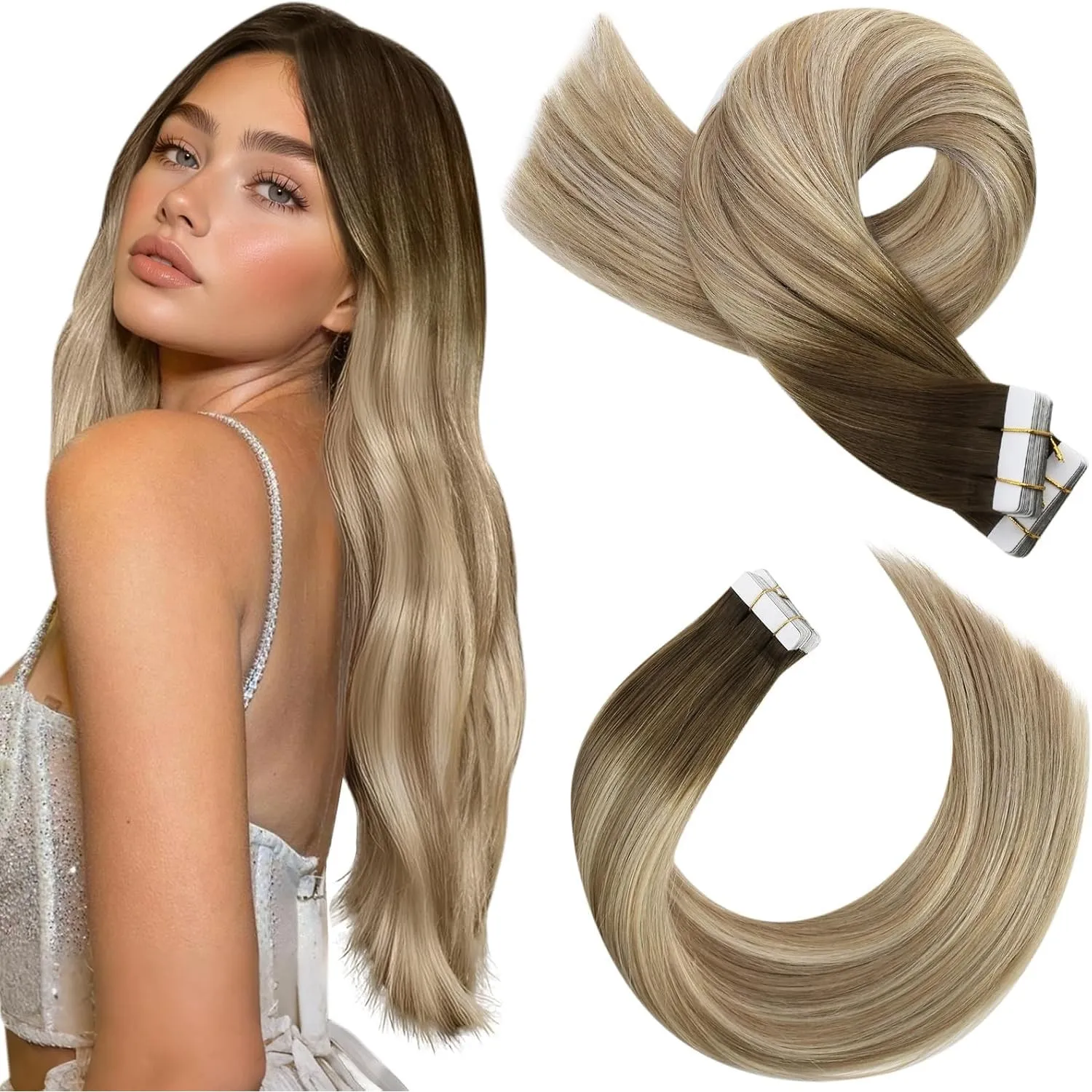 Moresoo Tape in Extensions Echthaar Ombre Menschliches Haar Remy Invisible Tape Extensions Braun bis Hellbraun mit Gold…