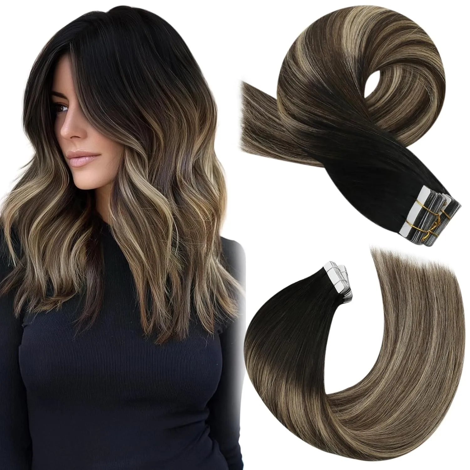 Moresoo Tape Extensions Echthaar Schwarz zu Dunkelbraun 20 Stück 50g 35 cm