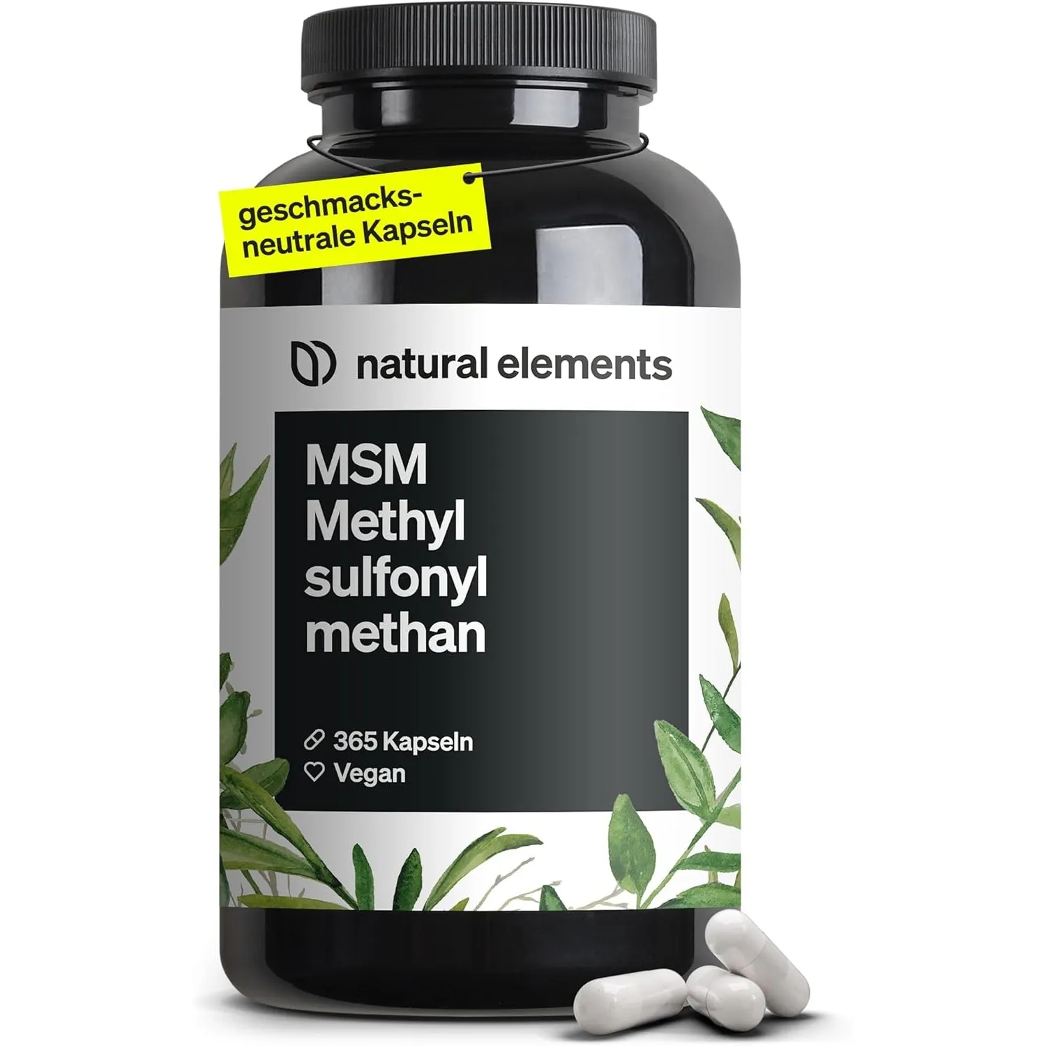 natural elements MSM Kapseln - 365 vegane Kapseln - Laborgeprüfte 1600mg Methylsulfonylmethan (MSM) Pulver pro Tagesdos…