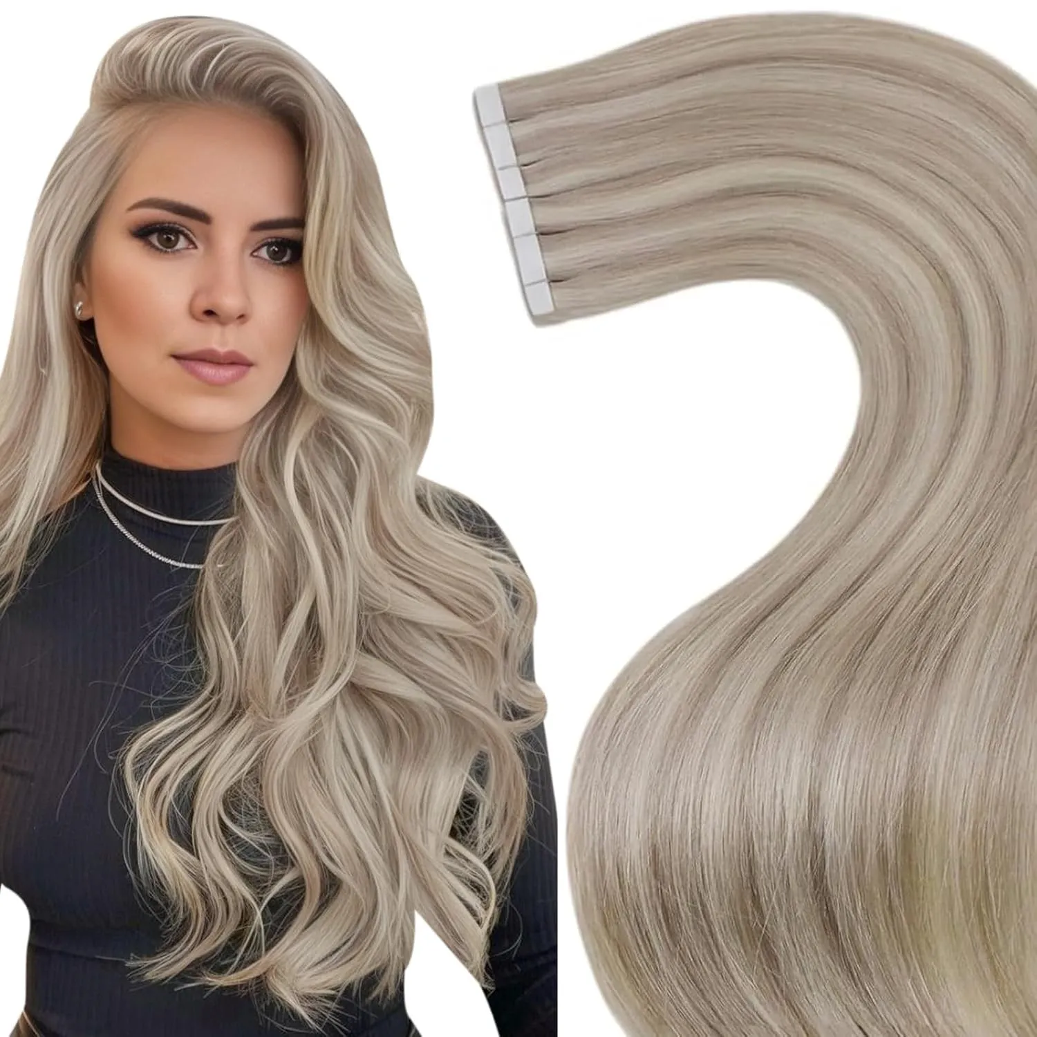 LaaVoo Tape in Extensions Echthaar 60cm Blond Extensions Tape Echthaar Ashblond Hellblond Remy Haarverlängerung Echthaa…