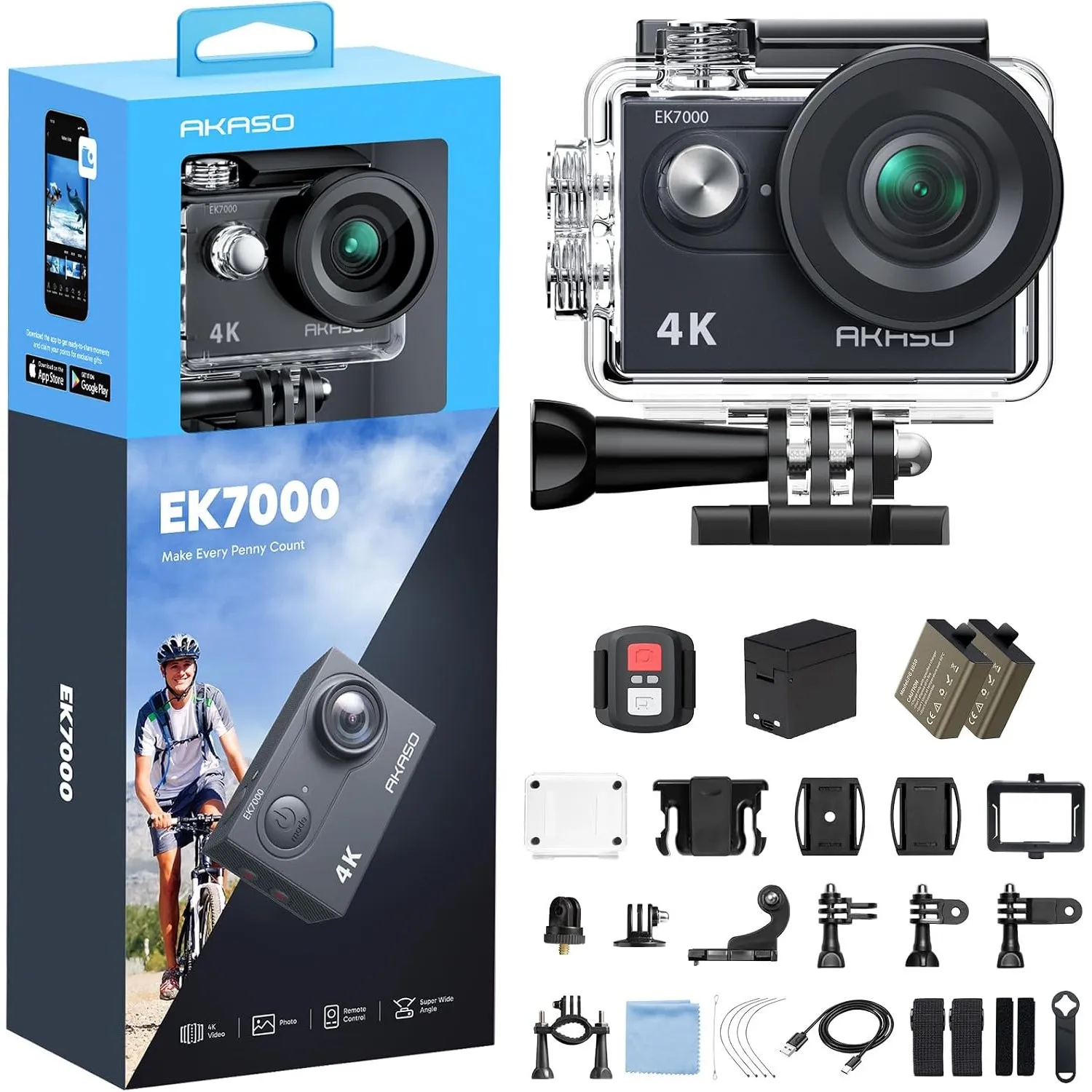 AKASO Action Cam,4K30FPS 20MP WiFi Unterwasserkamera EIS Stabilisierung 170° Weitwinkel Ultra HD Action Kamera mit 4X Z…