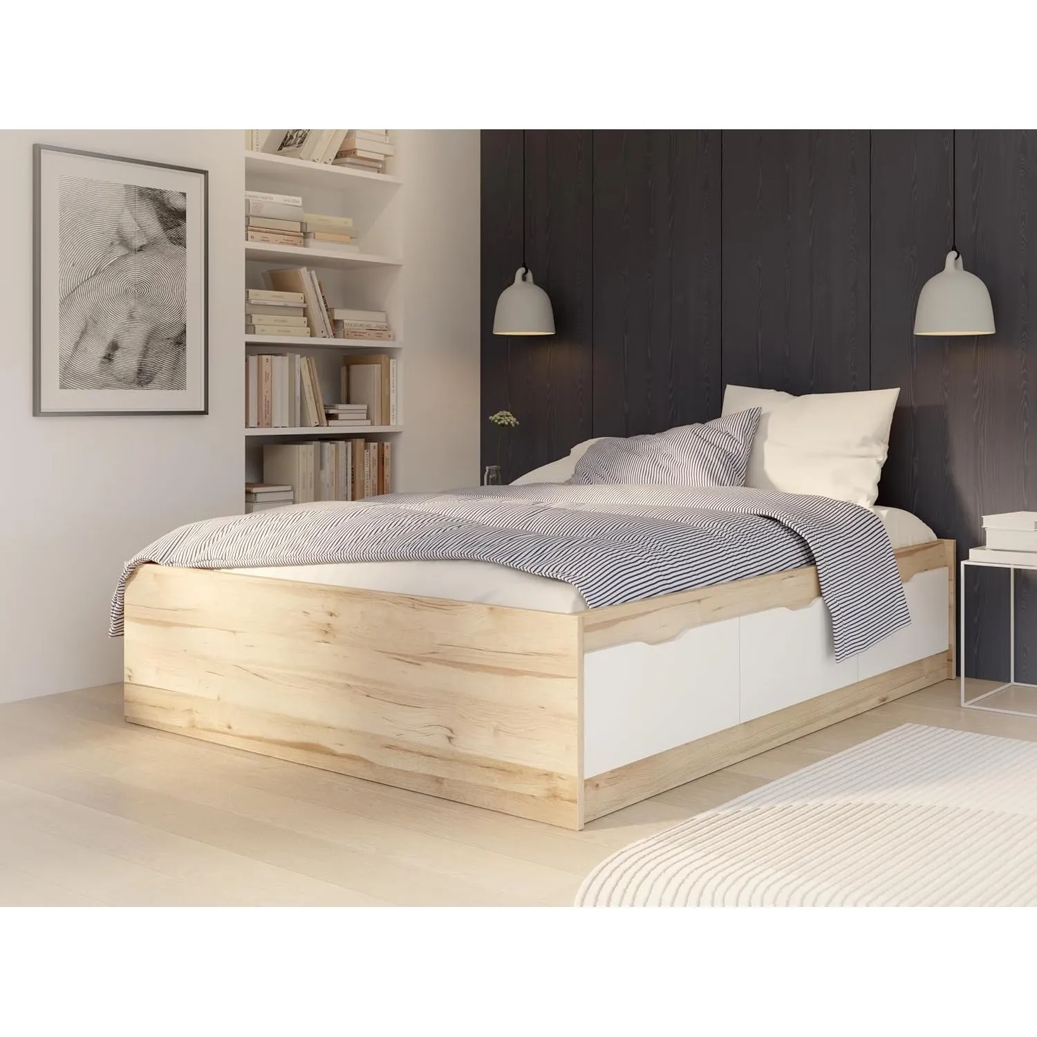 Forte VANKKA Jugendbett 150, modernes Bett mit 3 Schubladen, Jugendzimmer, Kinderzimmer, Holzwerkstoff, Stabeiche Holzd…