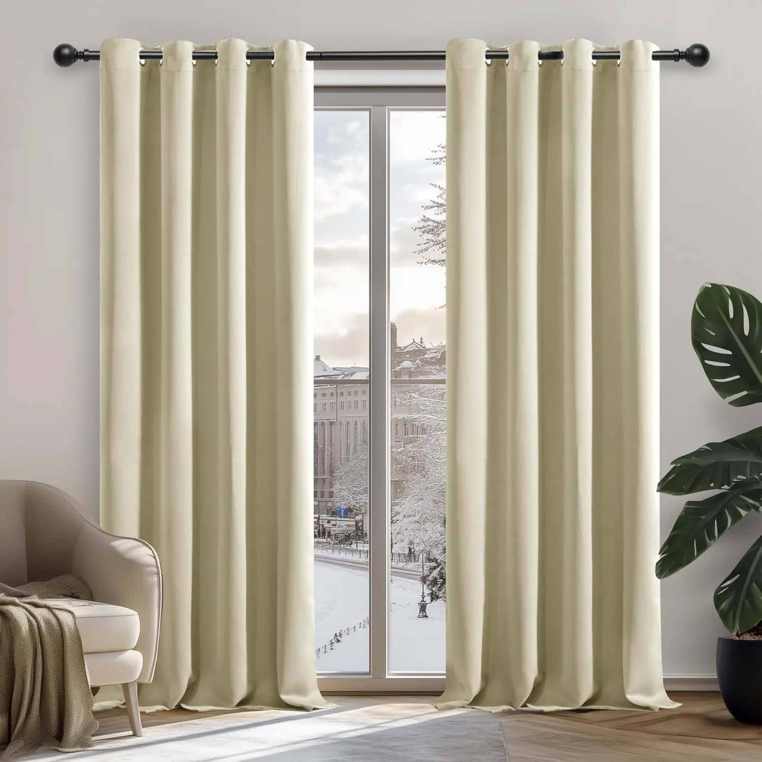 Deconovo Gardinen mit ösen Wohnzimmer Blickdicht 2er Set H 160 x B 132 cm Beige, Schallschutz Verduklungsvorhang