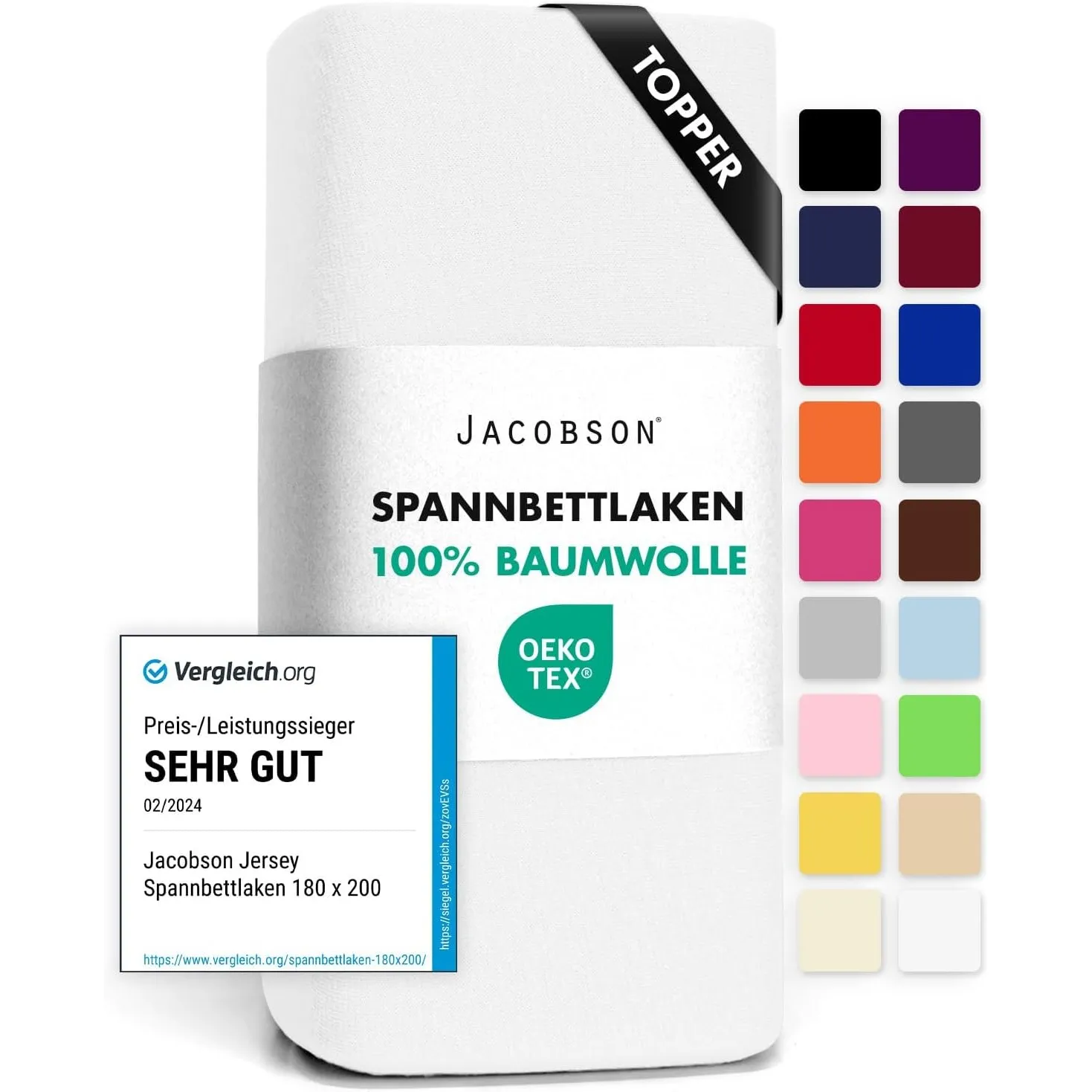 Jacobson Jersey Spannbettlaken Spannbetttuch Baumwolle Bettlaken (Topper 140-160x200 cm, Weiss)