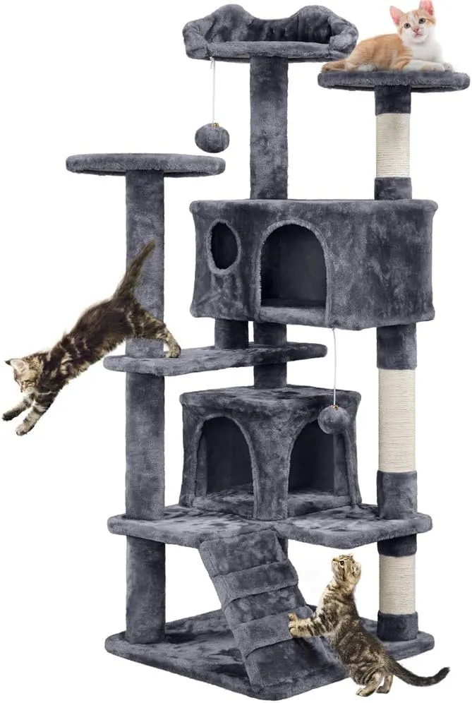 Yaheetech Kratzbaum Groß, 139 cm hoch, Mehrstöckiger Katzenbaum Kletterturm mit 3 Kratzsäulen, 3 Plattformen, 2 Gemütli…