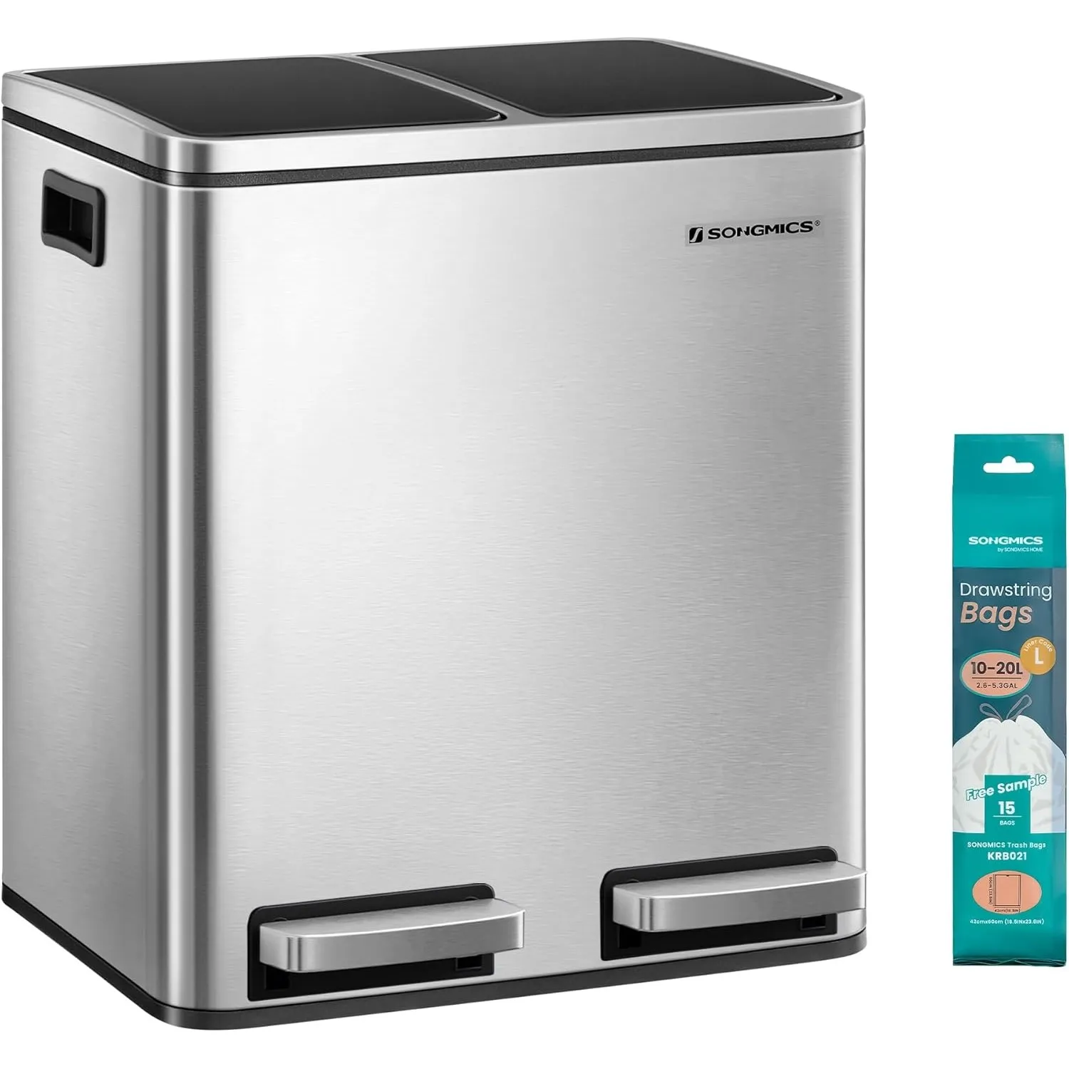 SONGMICS Mülleimer Küche, 2 x 15 Liter, Mülltrennsystem 2 Fächer, inklusive 15 Müllbeutel, Abfalleimer, Treteimer, recy…
