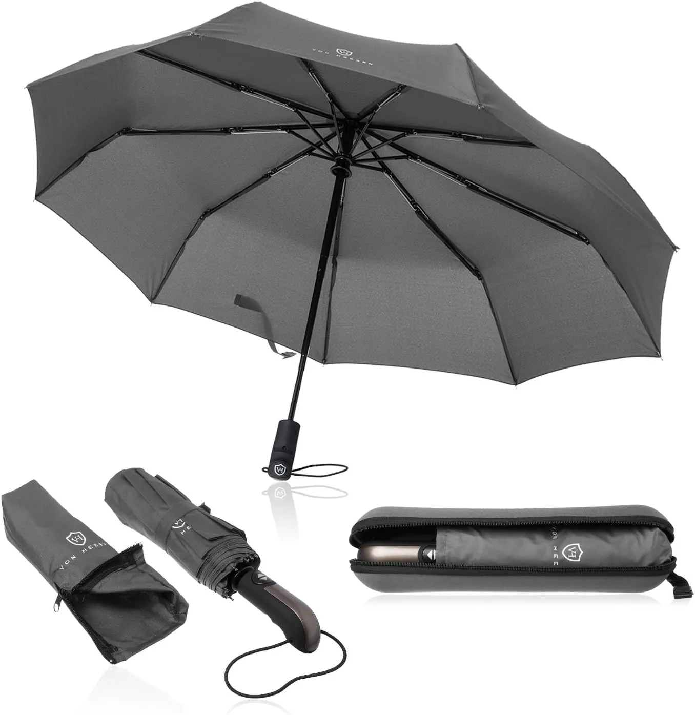 VON HEESEN Regenschirm sturmfest bis 140 km/h - inkl. Schirm-Tasche & Reise-Etui - Taschenschirm mit Auf-Zu-Automatik, …