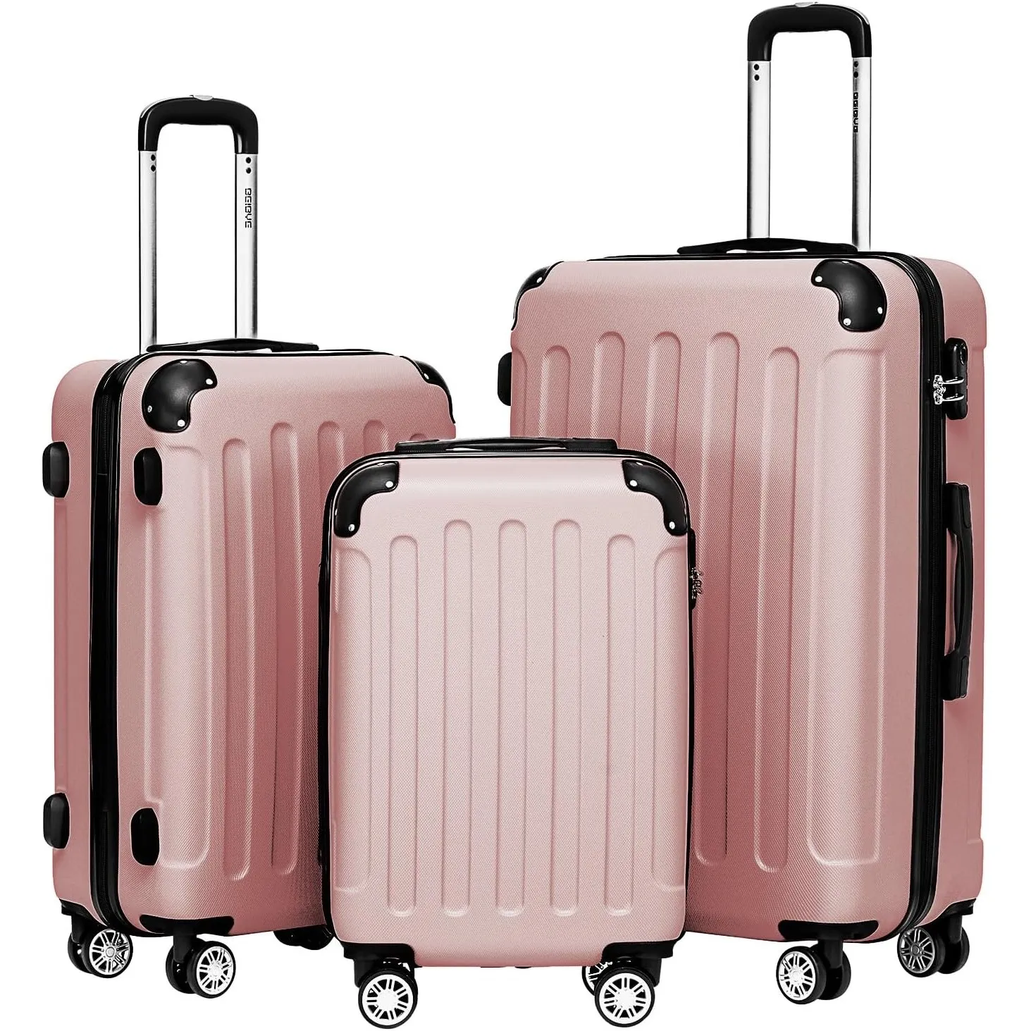 BEIBYE 2045 Zwillingsrollen 3tlg. Reisekoffer Koffer Kofferset Trolleys Hartschale in 20 Farben (Rosa Gold)
