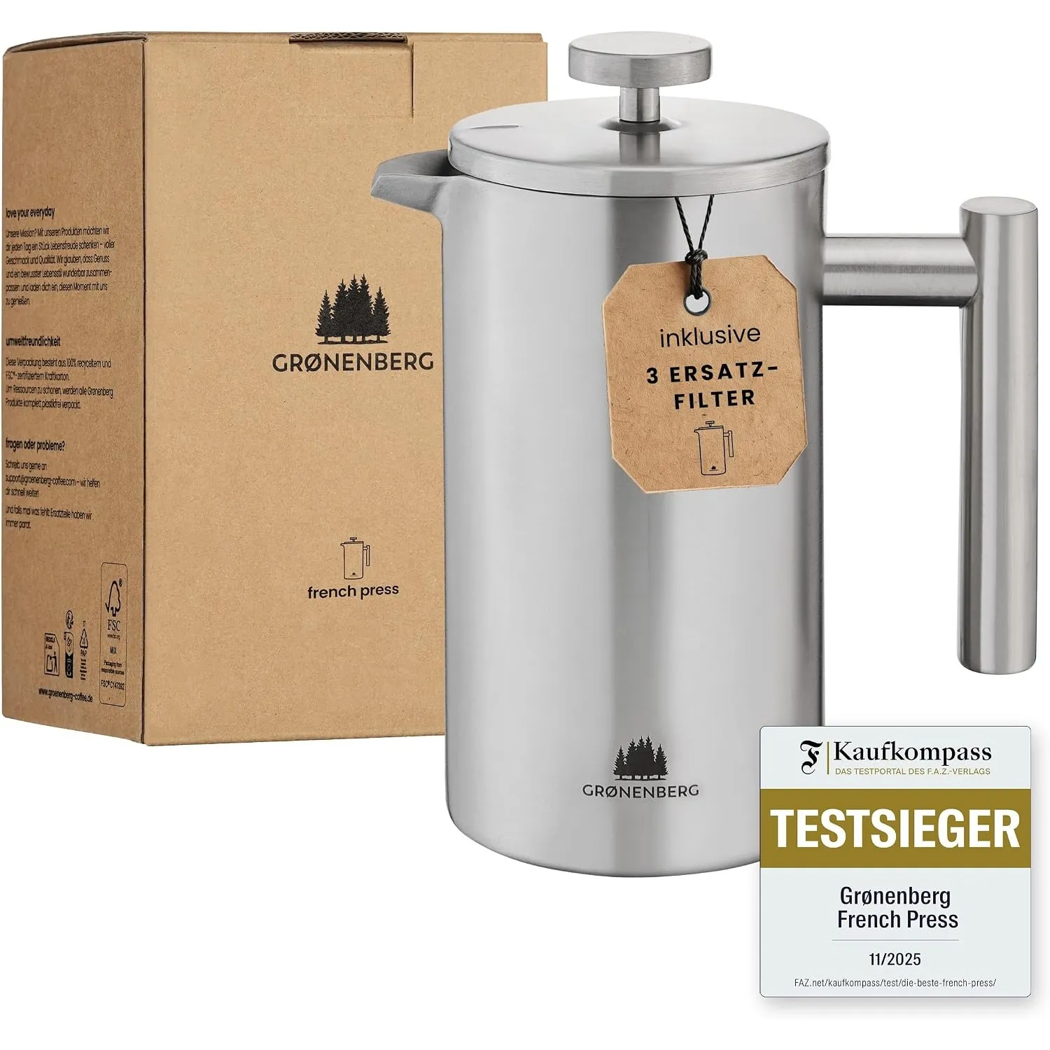 Groenenberg French Press I Hochwertige French Press Thermo mit Warmhalte-Funktion I Edelstahl Kaffeebereiter Kaffeepres…