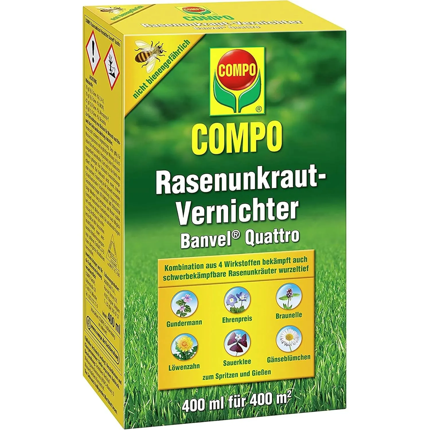 COMPO Rasenunkraut-Vernichter Banvel Quattro, Bekämpfung von schwerbekämpfbaren Unkräutern im Rasen, Konzentrat, 400 ml…